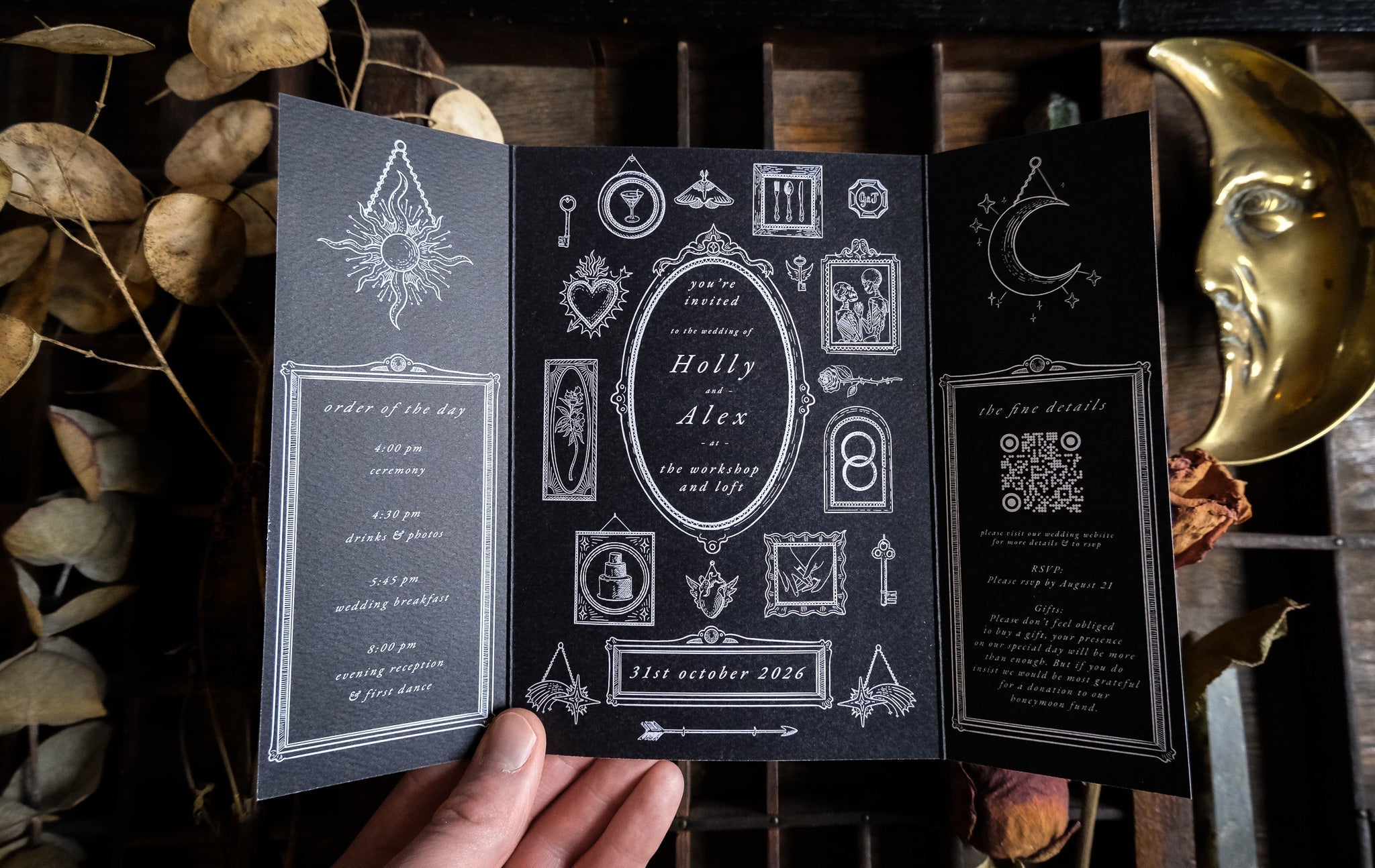 Victorian gothic wedding invitations featuring cabinet of curiosities gatefold by Birdhouse197