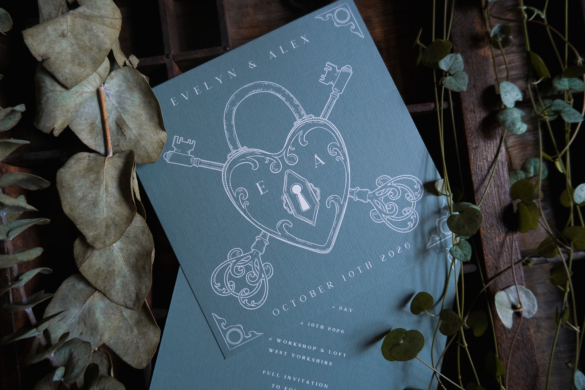 Lock and Key | Vintage Save the Date Card | Heart Padlock Skeleton Key Wedding Stationery