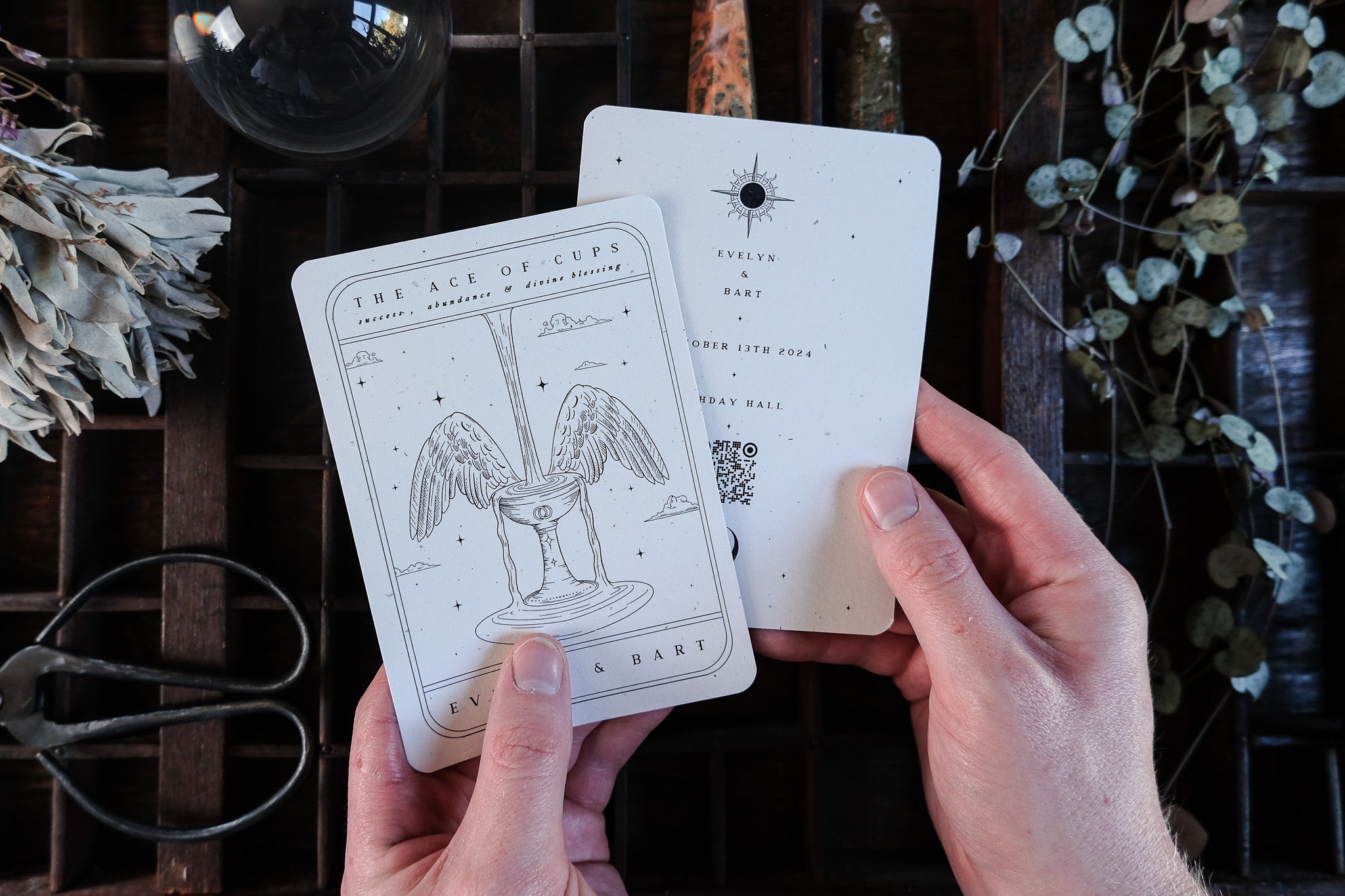 Ace of Cups Tarot Save The Date card with romantic tarot illustration for wedding announcement