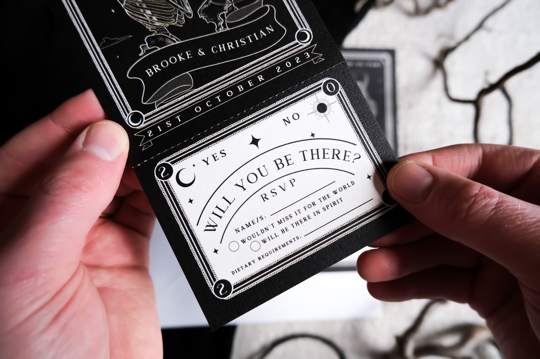 Til Death Do Us Part lovers tarot full invitation with gothic skeleton couple and tear-off RSVP card on matte 280gsm wedding stationery