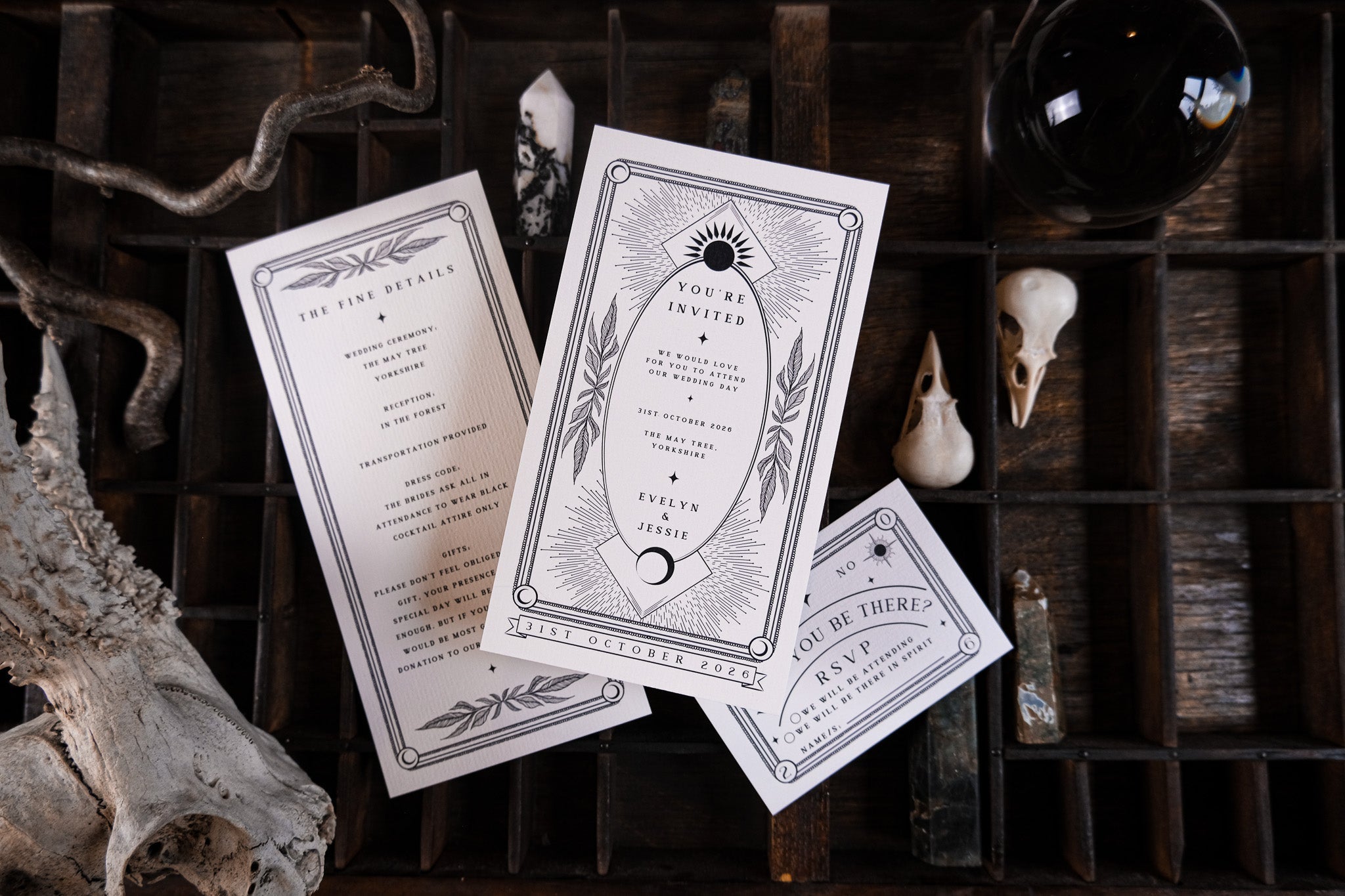 Luxury three-piece wedding stationery suite with gothic black borders, mystical details, and dramatic alternative UK design.