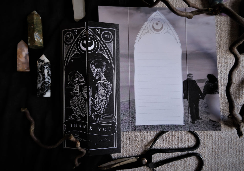 Til Death Do Us Part gothic thank you card with skeleton lovers and personalised photo
