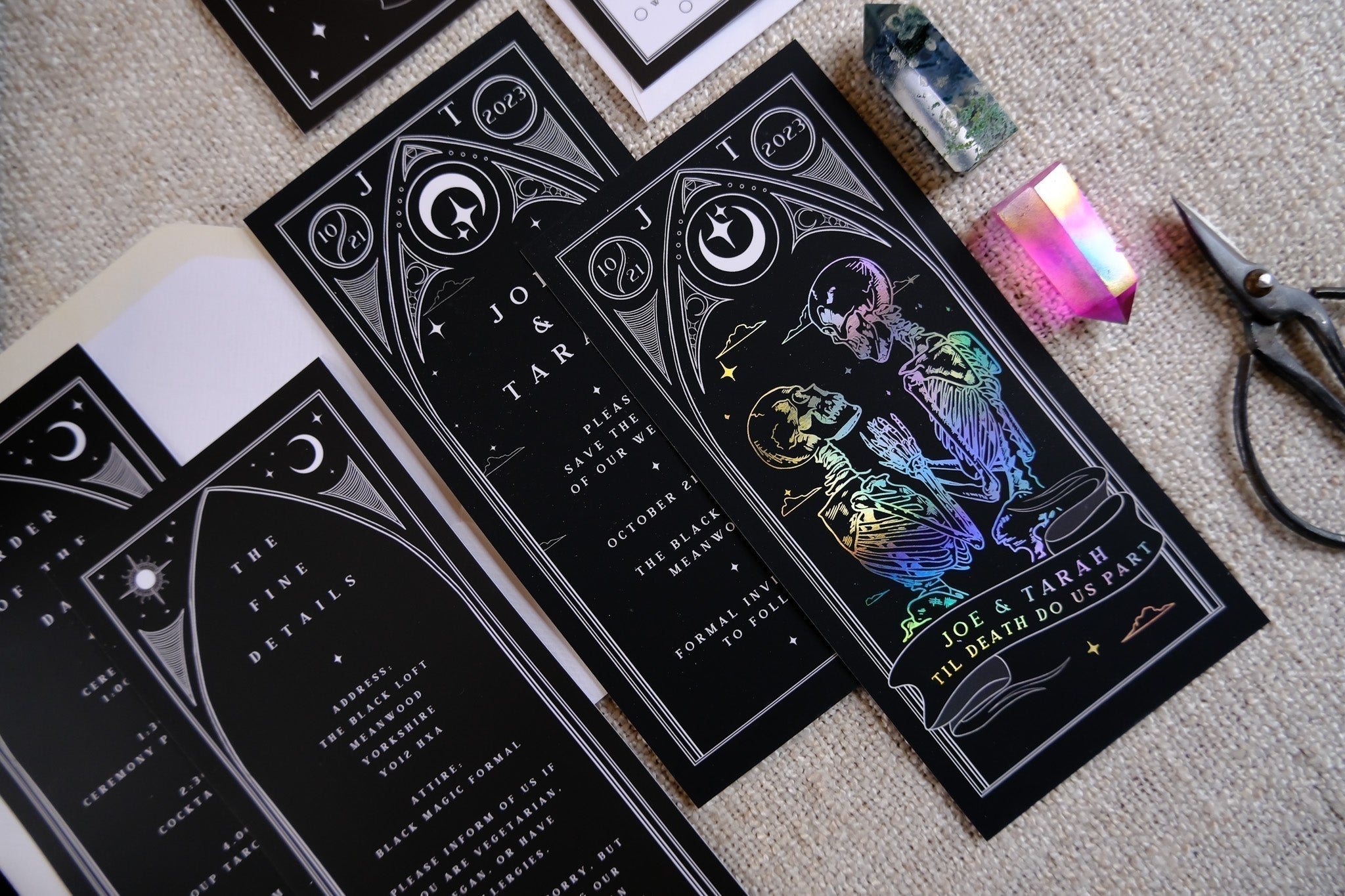 Til Death Do Us Part gothic wedding invitation suite featuring foiled skeleton lovers tarot design on velvet soft-touch card