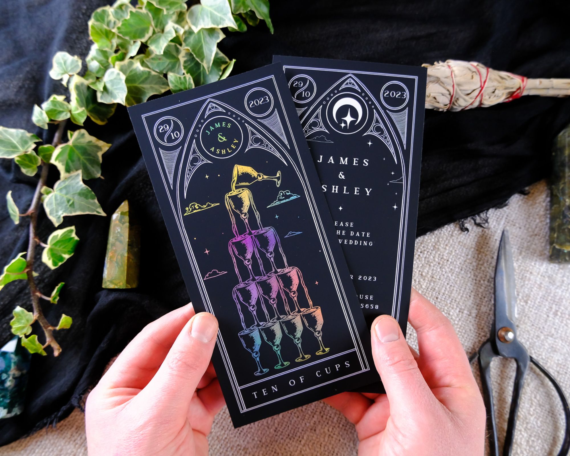 Ten of Cups foiled tarot save the date card with gold foil on velvet soft-touch paper