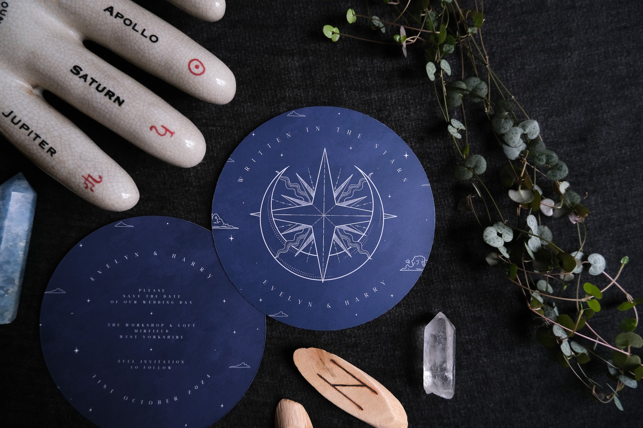 Sun and Moon | Celestial Circular Save the Date Card | Unique Illustrated Wedding Stationery