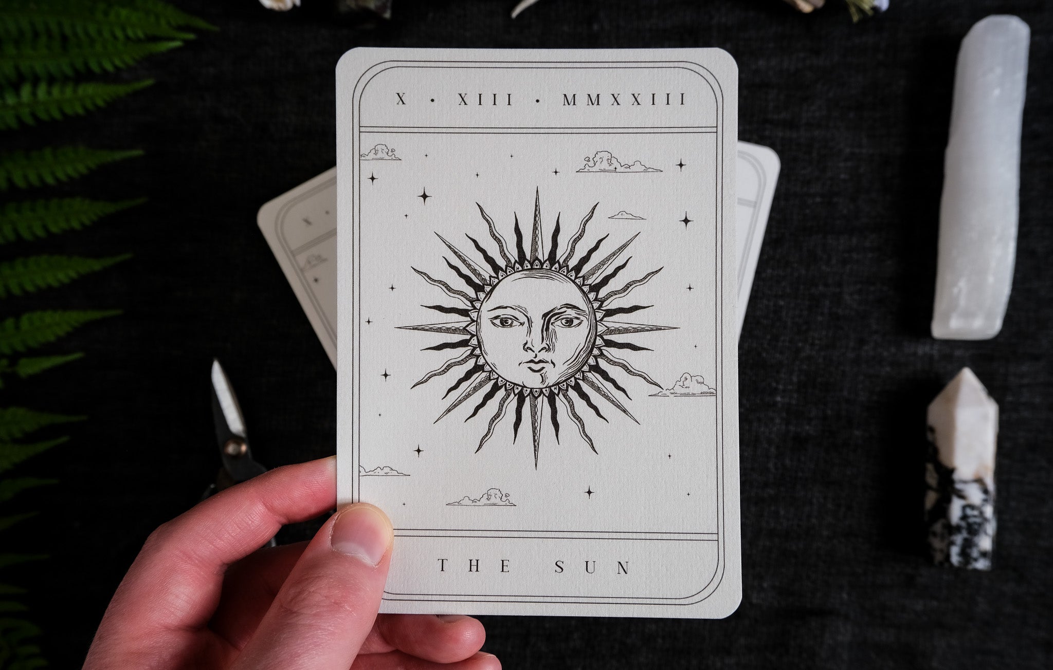Classic vintage Tarot Card Spread 3-Piece Invitation Suite featuring The Lovers, The Sun, and The Ace of Cups wedding cards on velvet paper with white envelopes