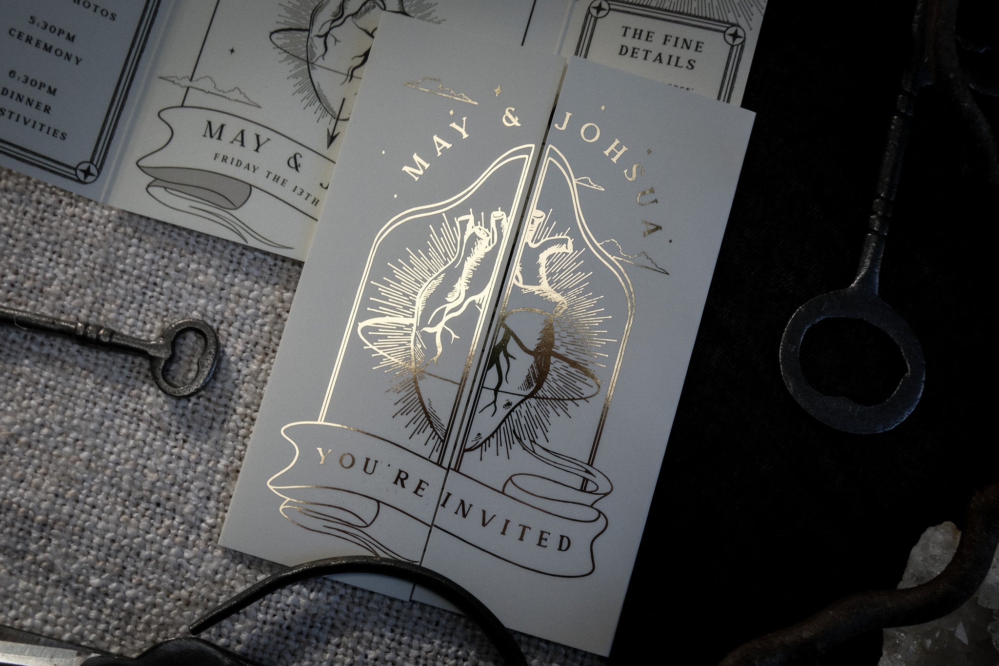 The Bleeding Heart foiled gatefold wedding invitation with anatomical heart illustration on velvet textured card