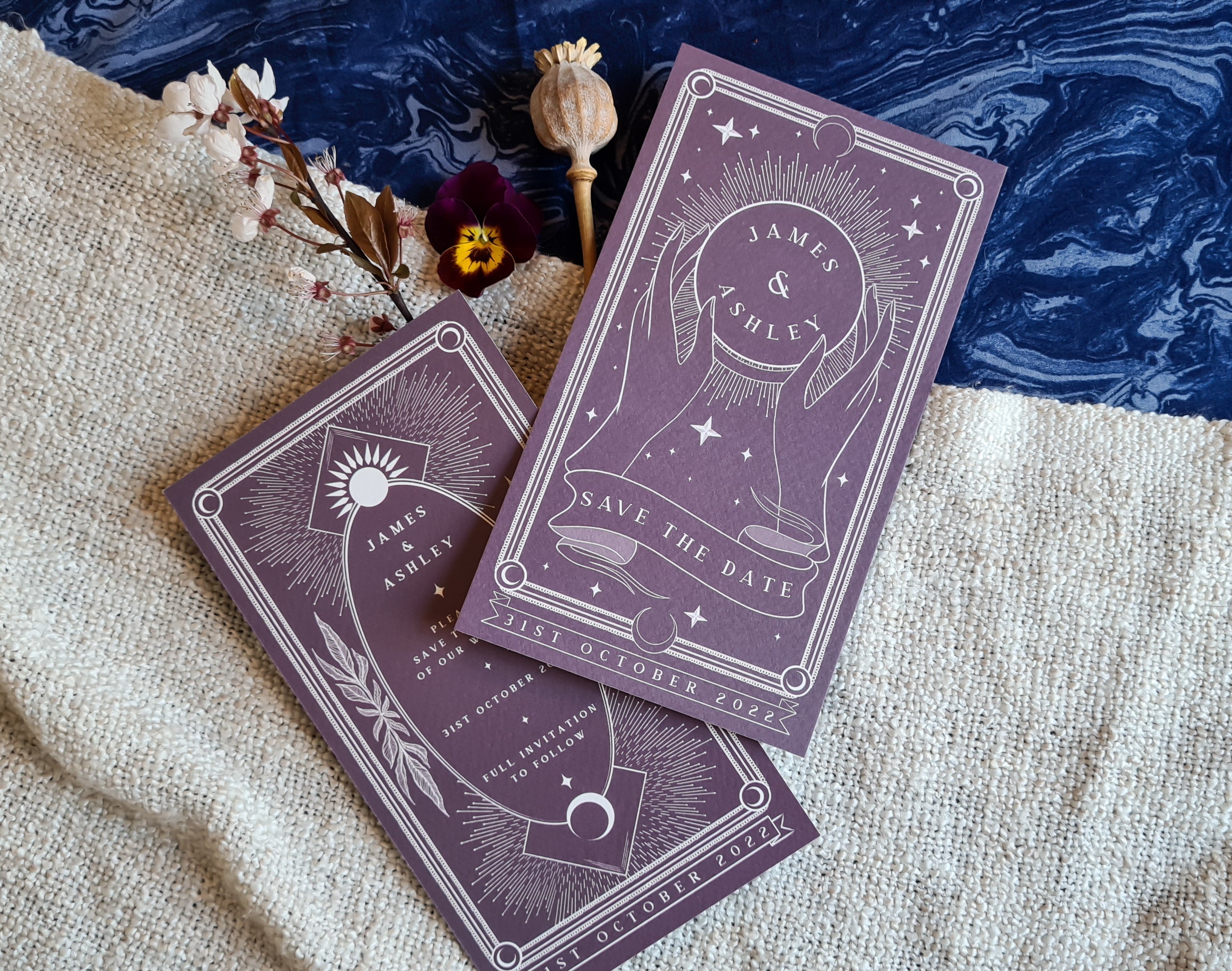 Crystal Ball Tarot Save The Date Tarot-themed card with celestial design and customization options.