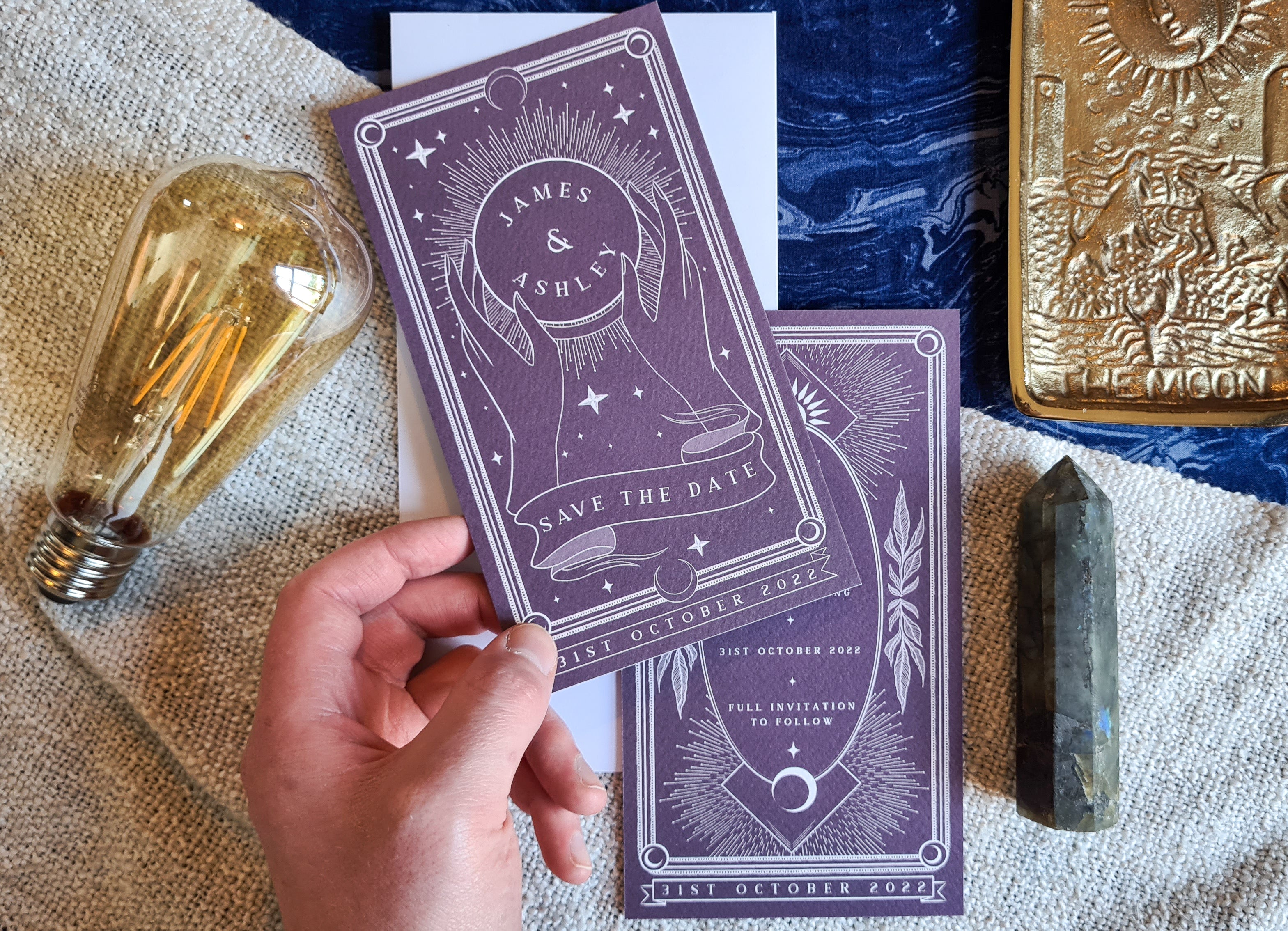 Crystal Ball Tarot Save The Date Tarot-themed card with custom color options, featuring celestial design, white envelope, and thick matte card.