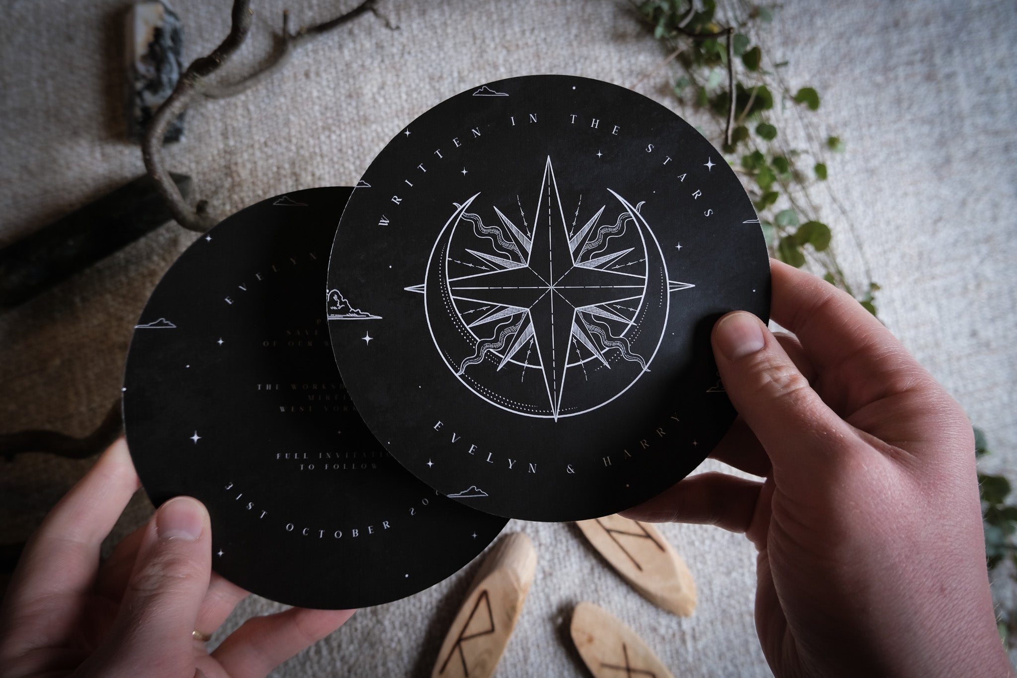 Sun and Moon | Celestial Circular Save the Date Card | Unique Illustrated Wedding Stationery
