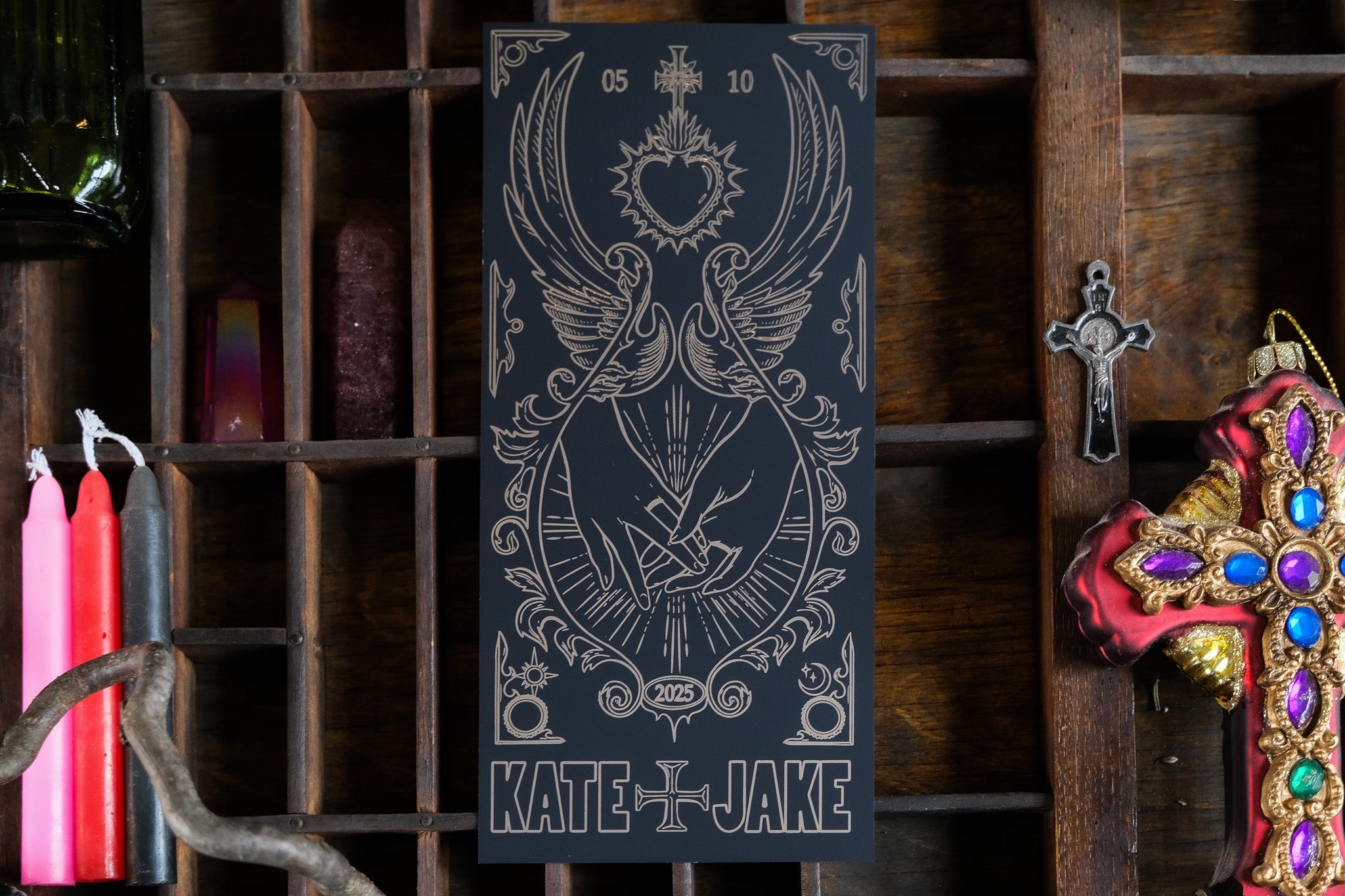 Star-Crossed Lovers Foiled Save the Dates – Vintage Gothic Romance Bleeding Heart & Swords Design