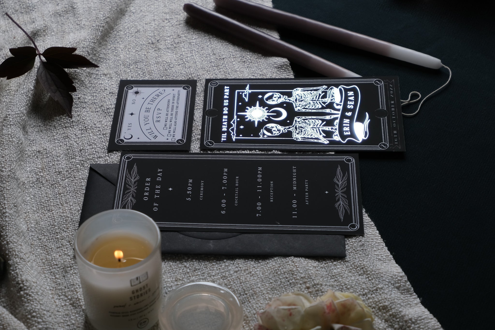 Til Death Do Us Part foiled tarot skeleton wedding invitation suite with three velvet soft-touch cards and luxury foil options