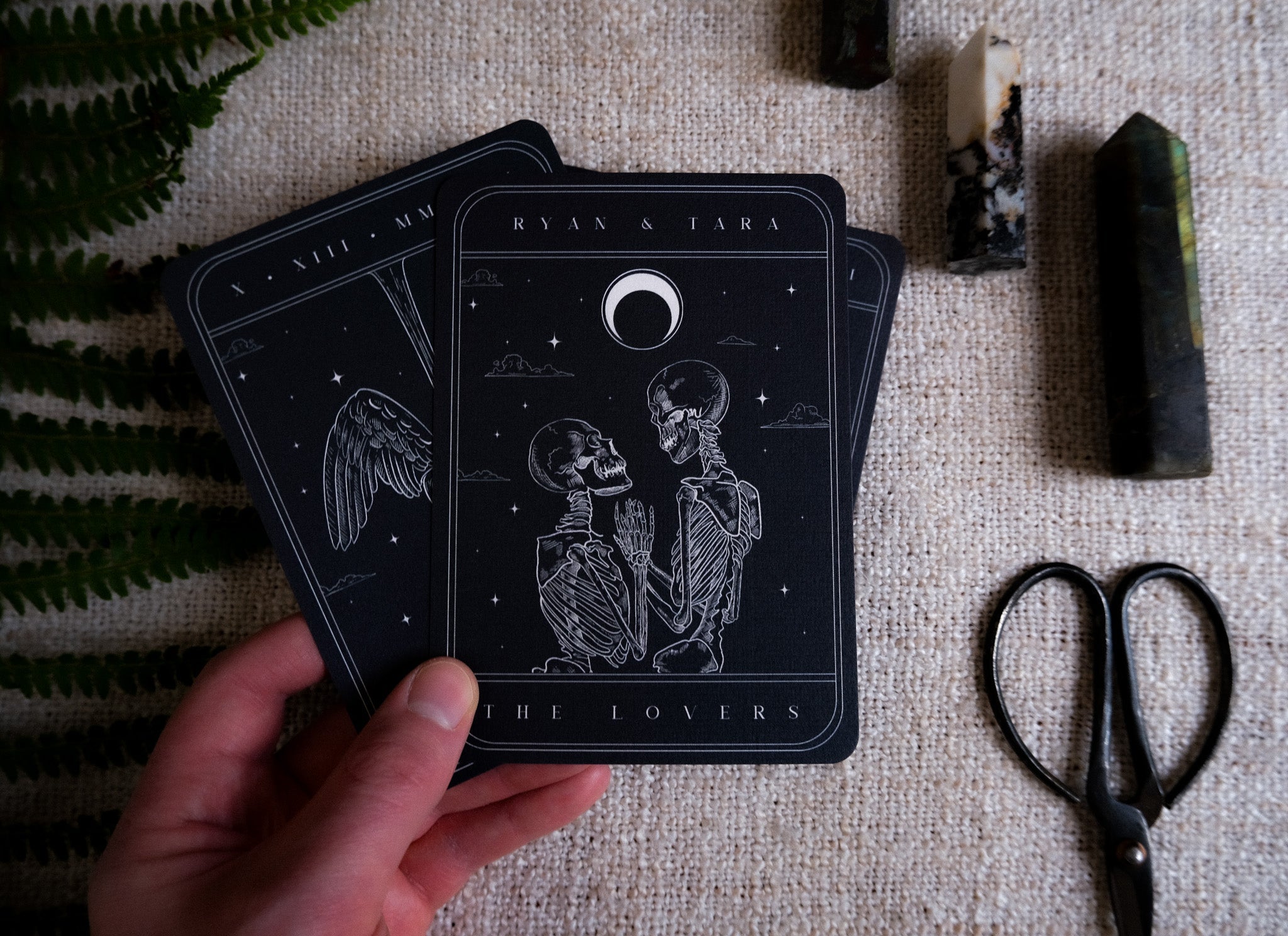 Tarot Card Spread 3-Piece Wedding Invitation Suite with The Lovers, The Sun, and The Ace of Cups designs on double-sided velvet paper
