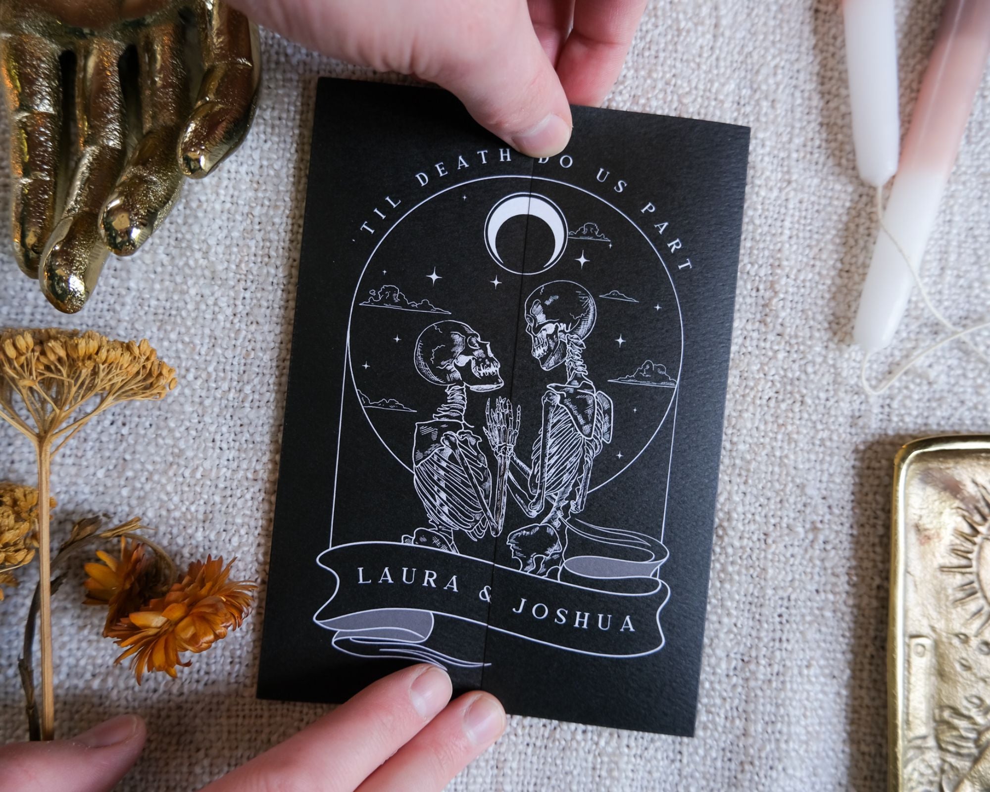 Skeleton Lovers 'Til Death gatefold wedding invitation with gothic skeleton couple design and customizable colors