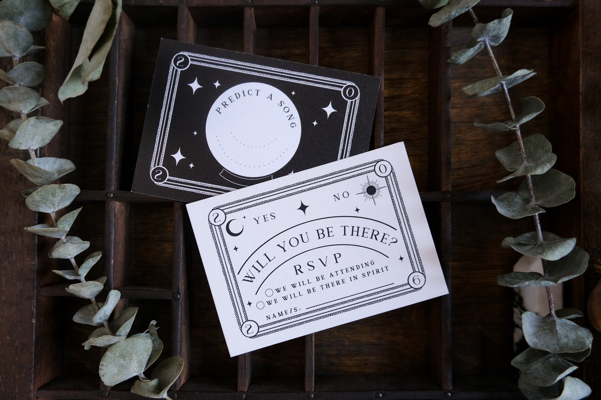 Ouija-inspired gothic wedding RSVP card with spirit board design and premium matte finish