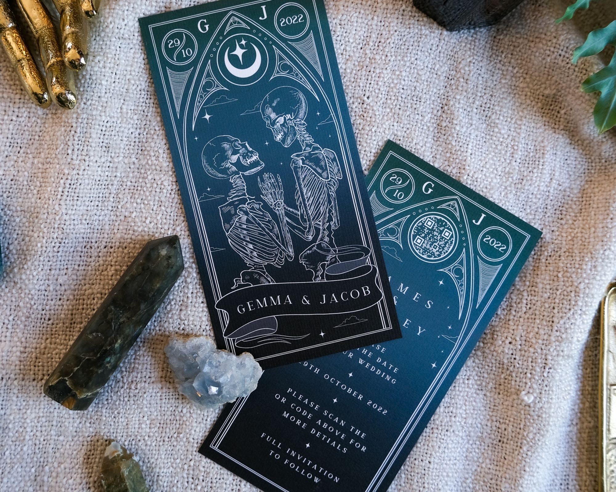 Til Death Do Us Part gothic skeleton lovers tarot save the date card in dark wedding stationery style