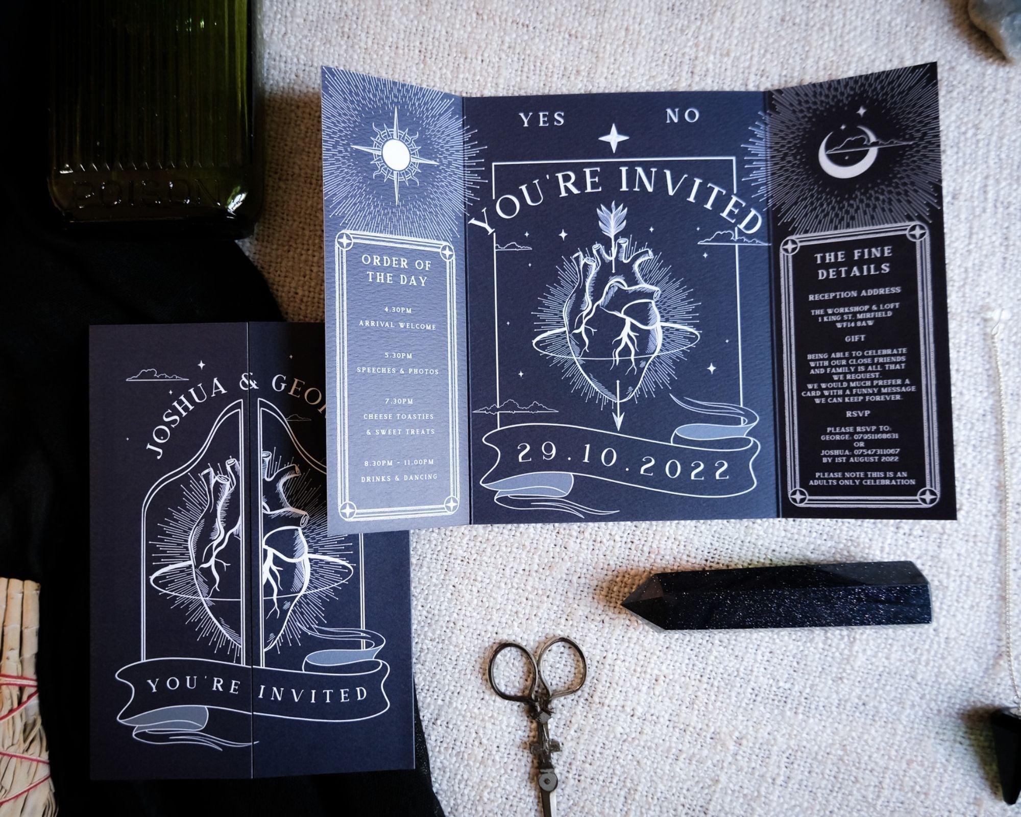 'Bleeding Heart' gatefold wedding invitation with anatomical heart illustration and vintage gothic romantic style