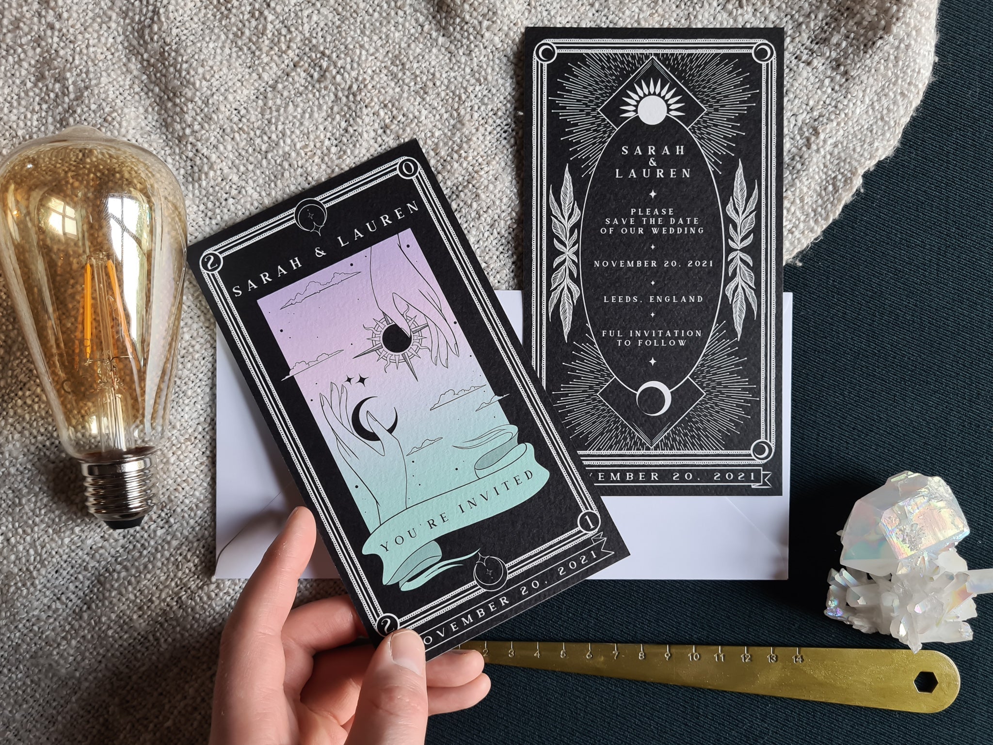 Sun and Moon tarot save the date card with hand drawn celestial sun and moon illustration on matte card