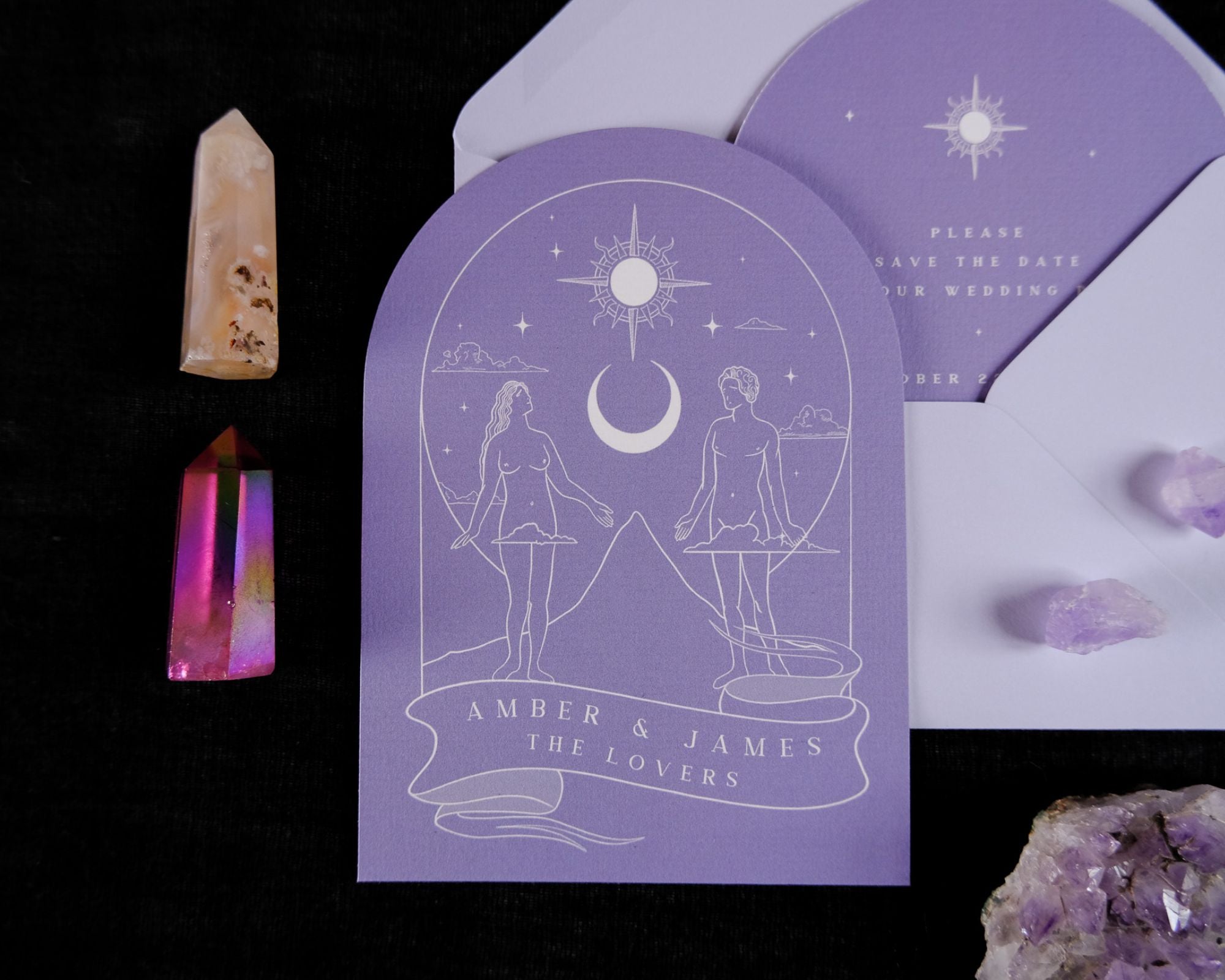 The Lovers Tarot arched save the date card with gothic illustration and arched top design on matte card for alternative weddings