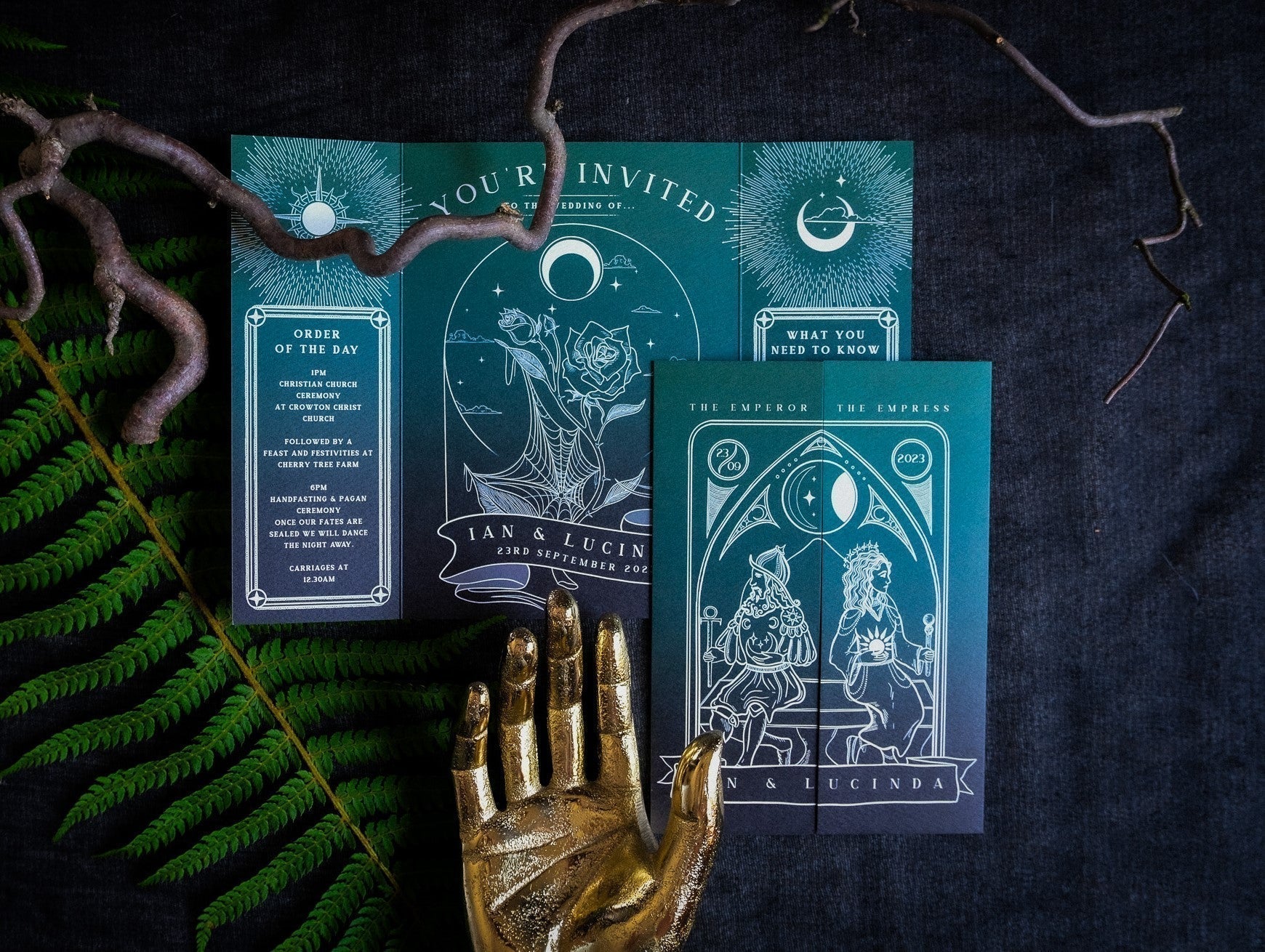 Empress & Emperor tarot style gatefold wedding invitation with illustrated tarot cards on matte textured card.