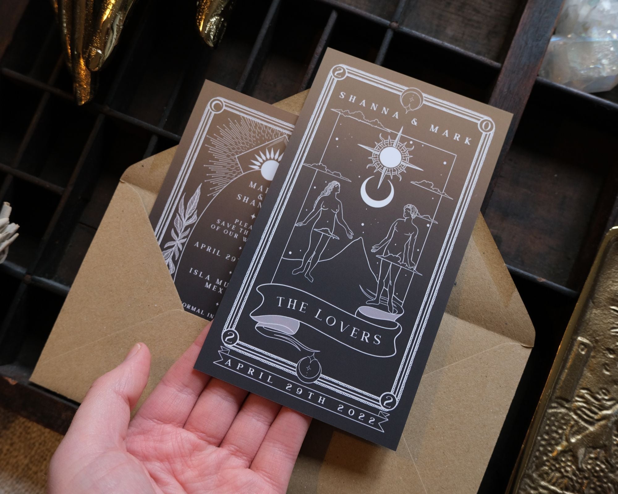 The Lovers Tarot save the date card with gothic hand-drawn illustration on matte card for alternative weddings