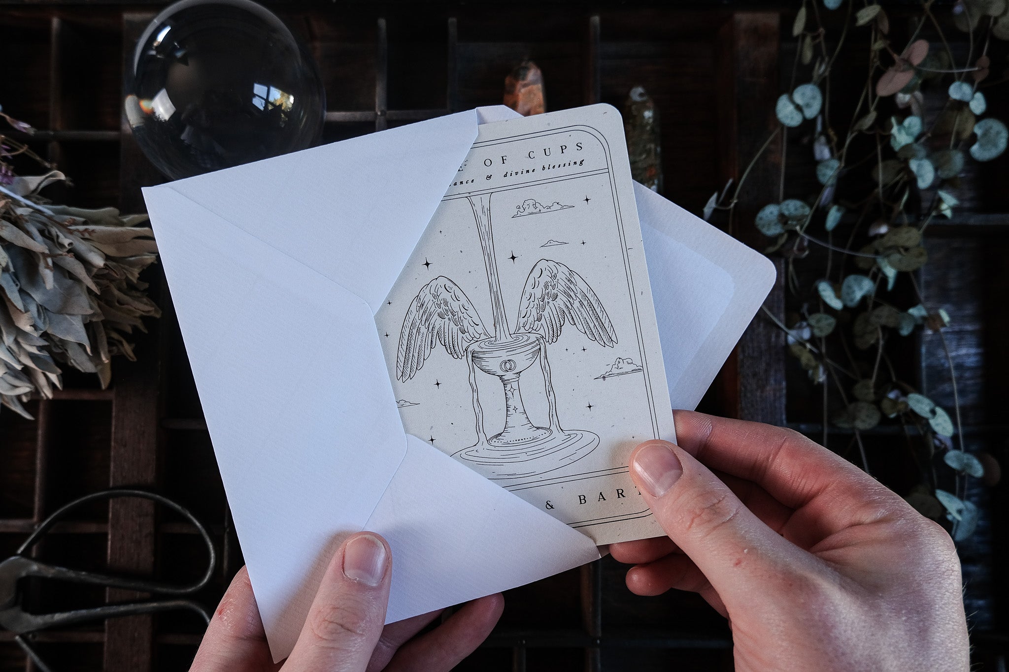 Ace of Cups Tarot Save The Date Card with romantic tarot illustration on matte A6 card for wedding announcement