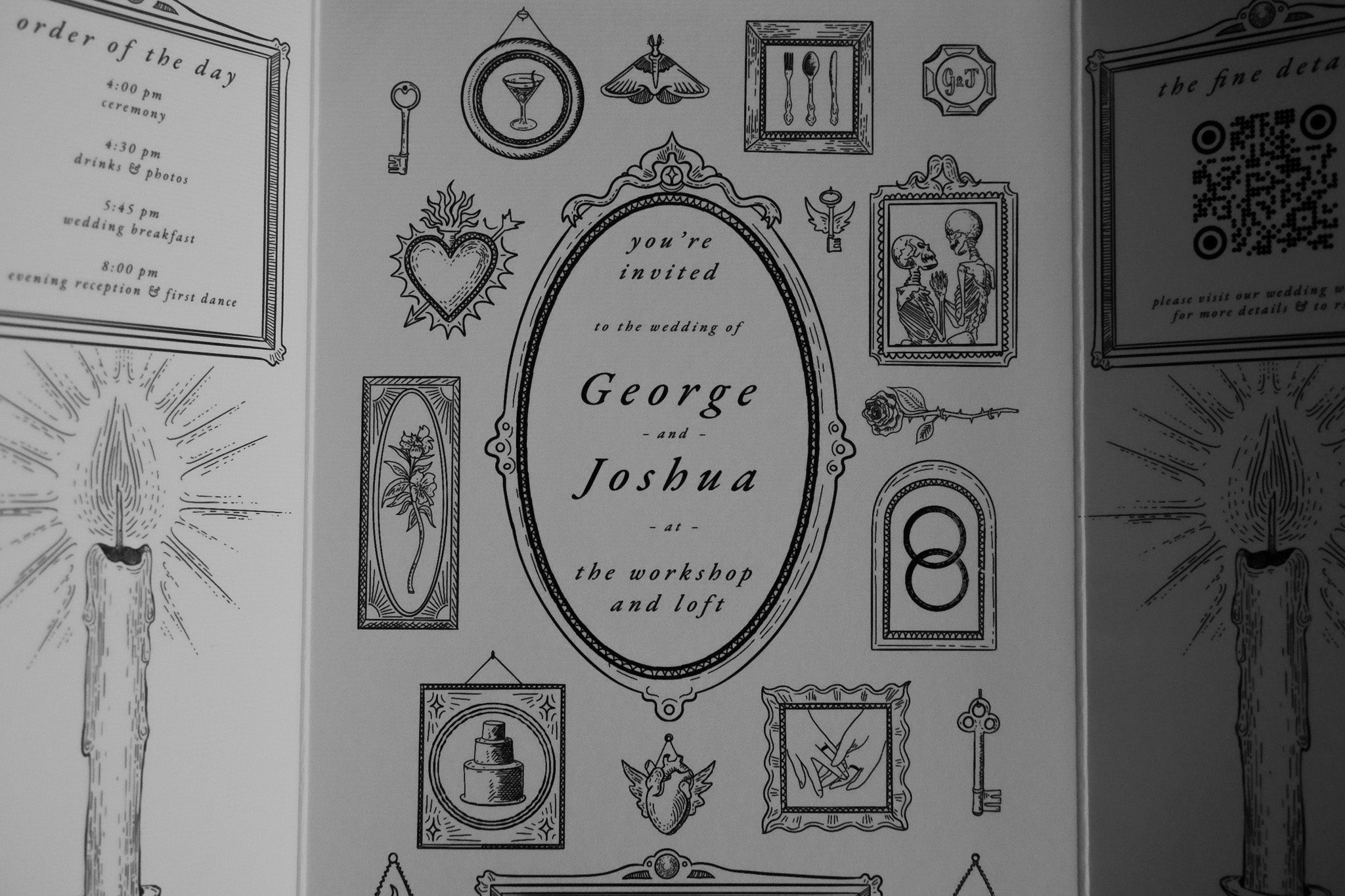 Luxury gatefold wedding invitation with gothic black and white illustrations, vintage frames, and dramatic details; UK personalised stationery.