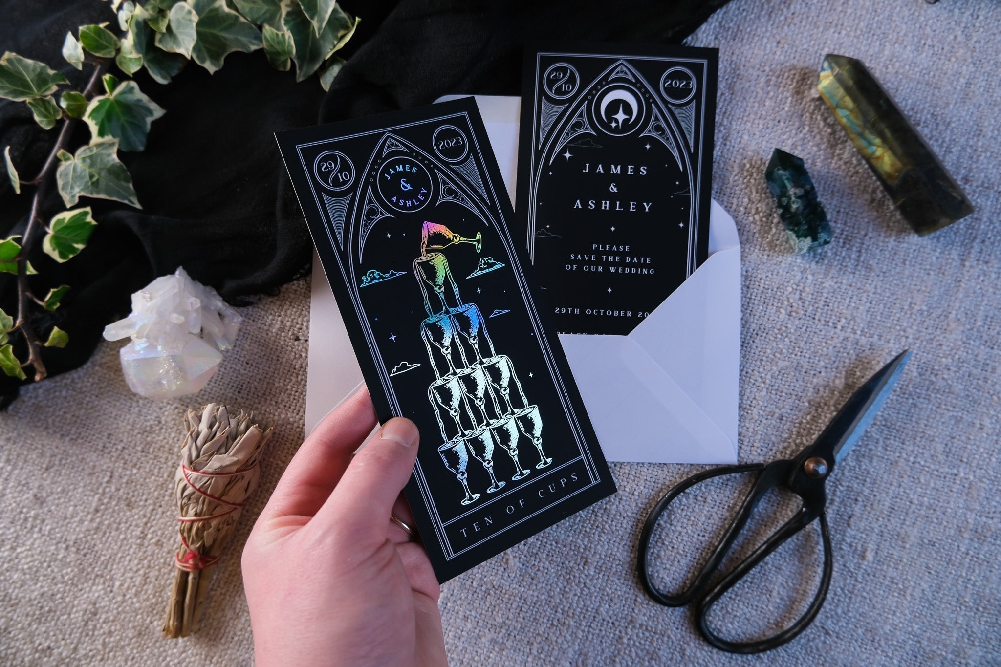 Ten of Cups foiled tarot card save the date wedding invitation with luxurious foil detailing and romantic design