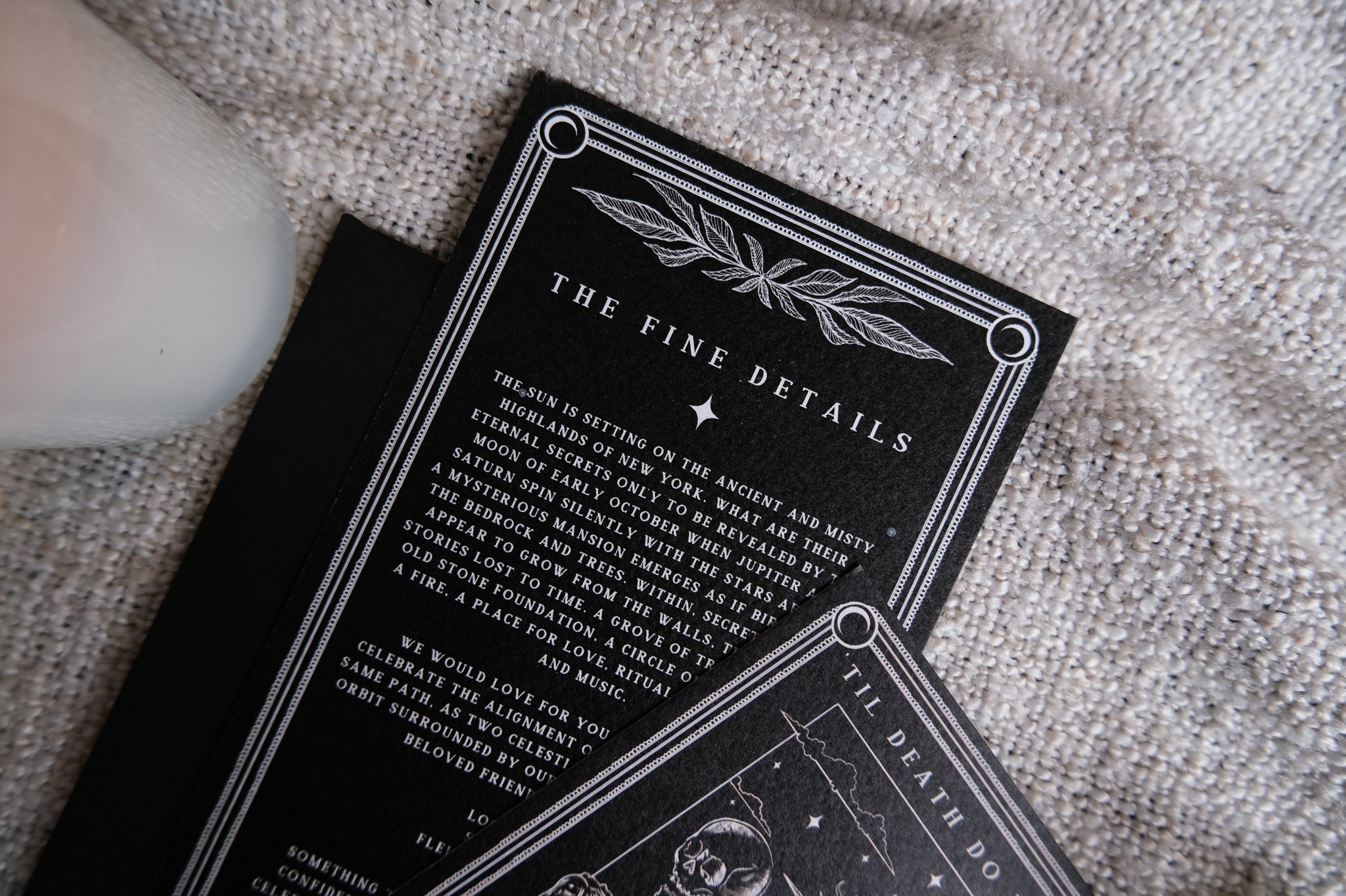 Til Death Do Us Part tarot wedding invitation suite with skeleton couple illustration and tear-off RSVP on matte card