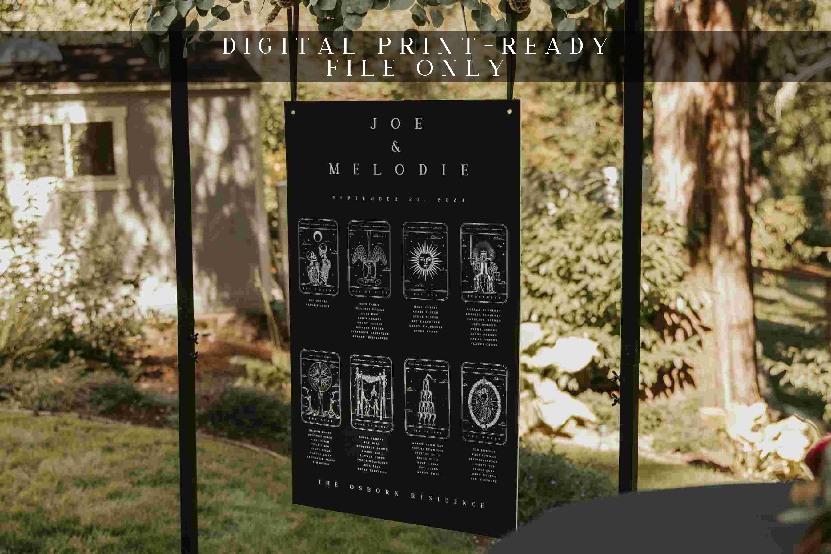 Luxury personalised wedding seating chart with mystical black and white tarot card designs; perfect for dramatic, alternative UK weddings.