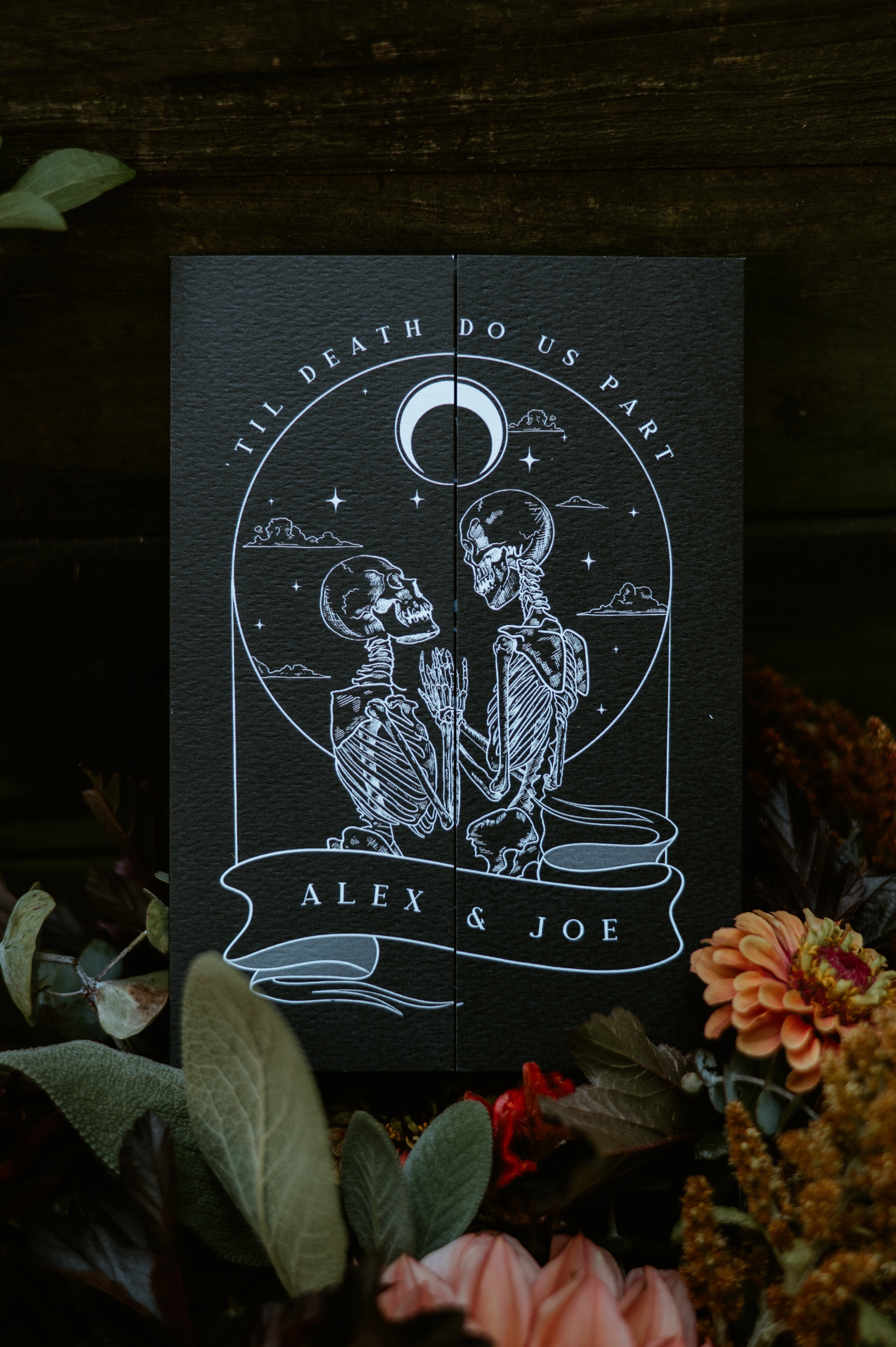 Skeleton Lovers 'Til Death gatefold wedding invitation with gothic skeleton couple and tarot crystal ball design