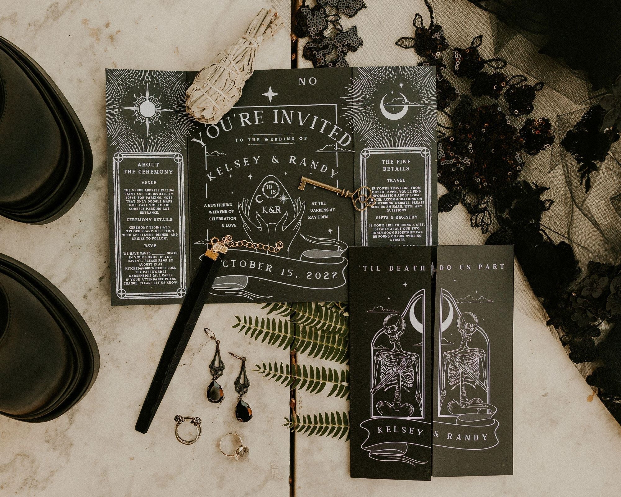 ‘Til Death Do Us Part’ gatefold wedding invitation featuring gothic skeleton couple design