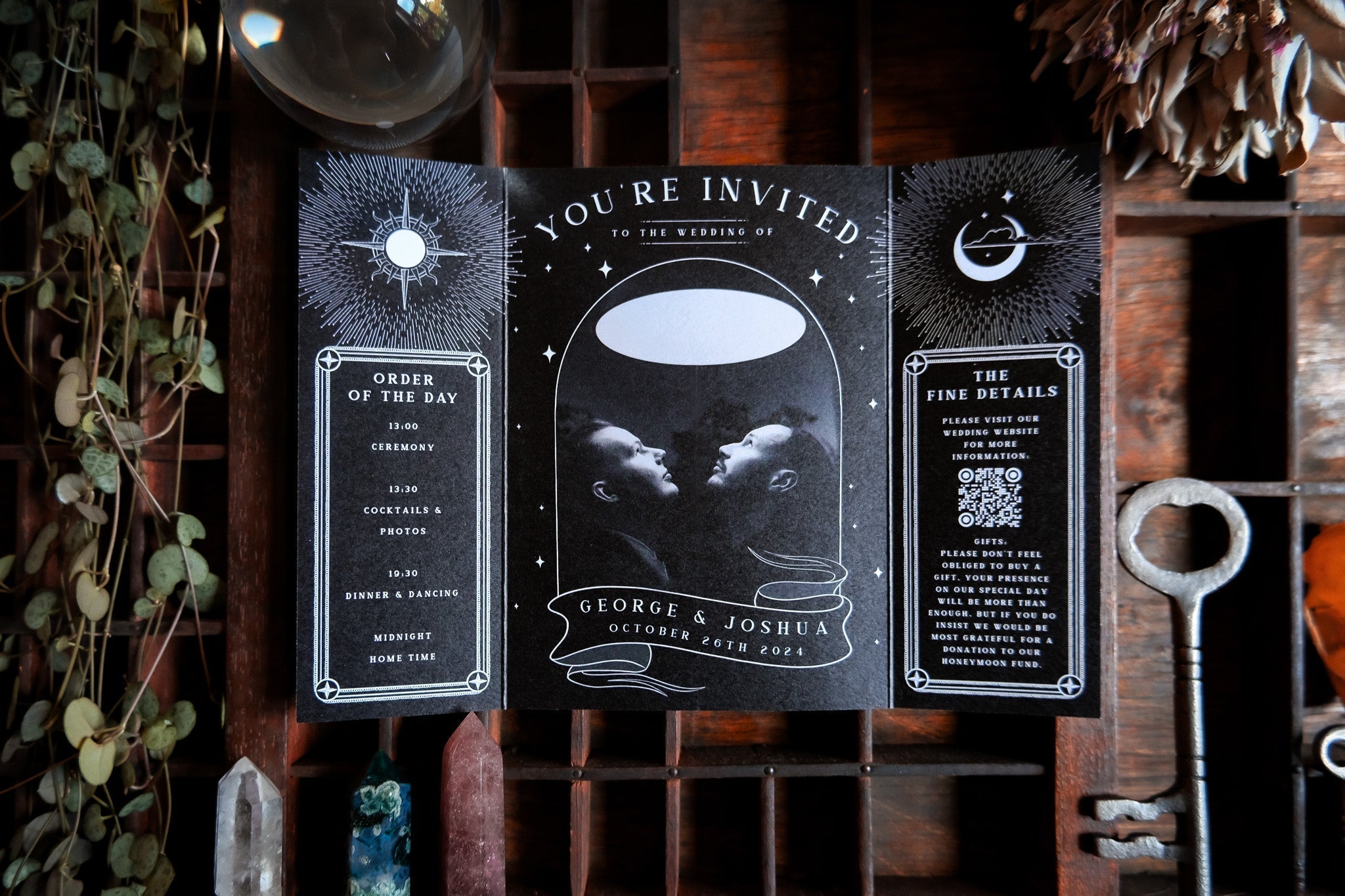 In This Life and The Next gothic gatefold wedding invitation with ghost illustration and photo interior on matte card