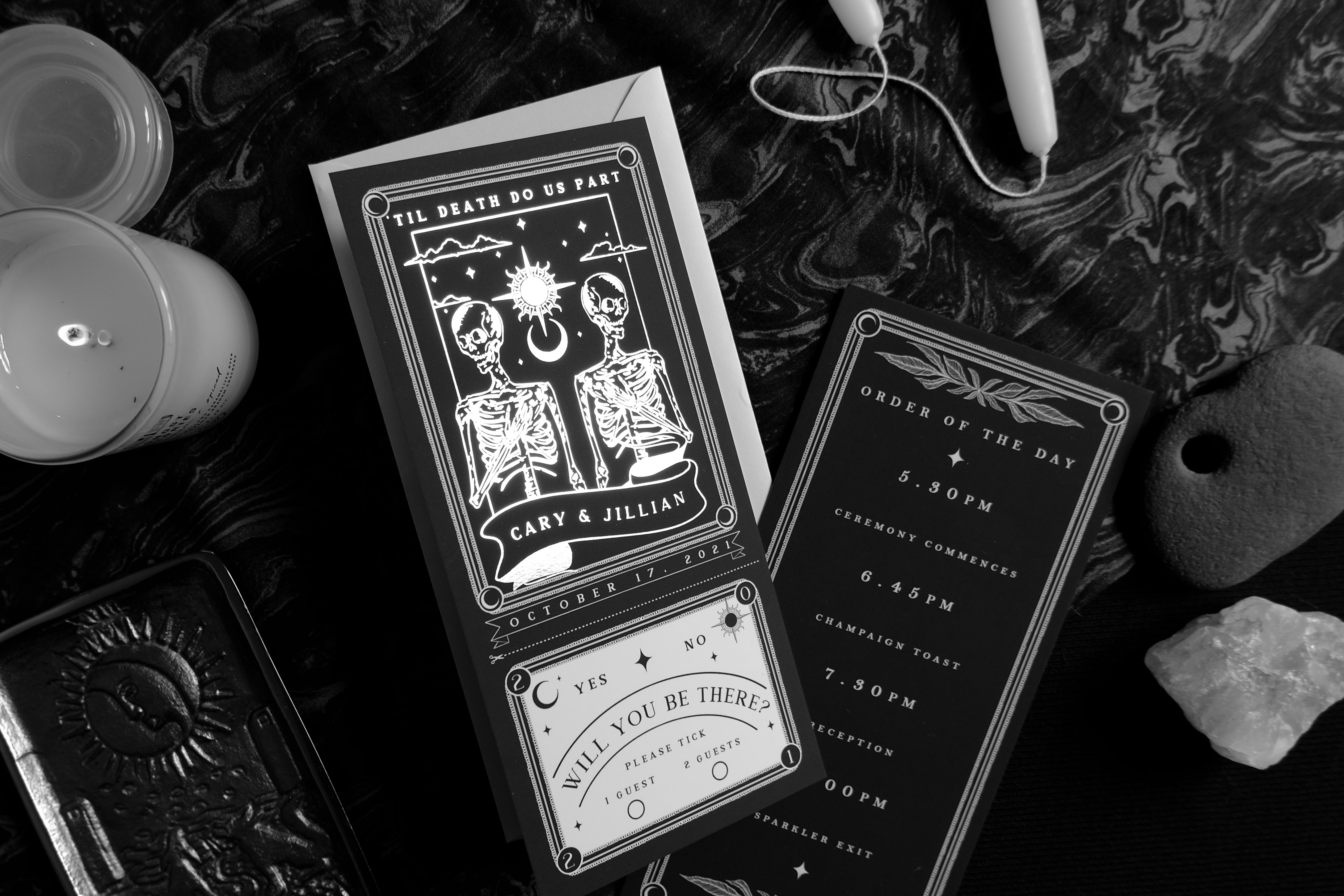 'Til Death Do Us Part' foiled tarot full invitation set with RSVP card, featuring intricate design and high-quality velvet paper.