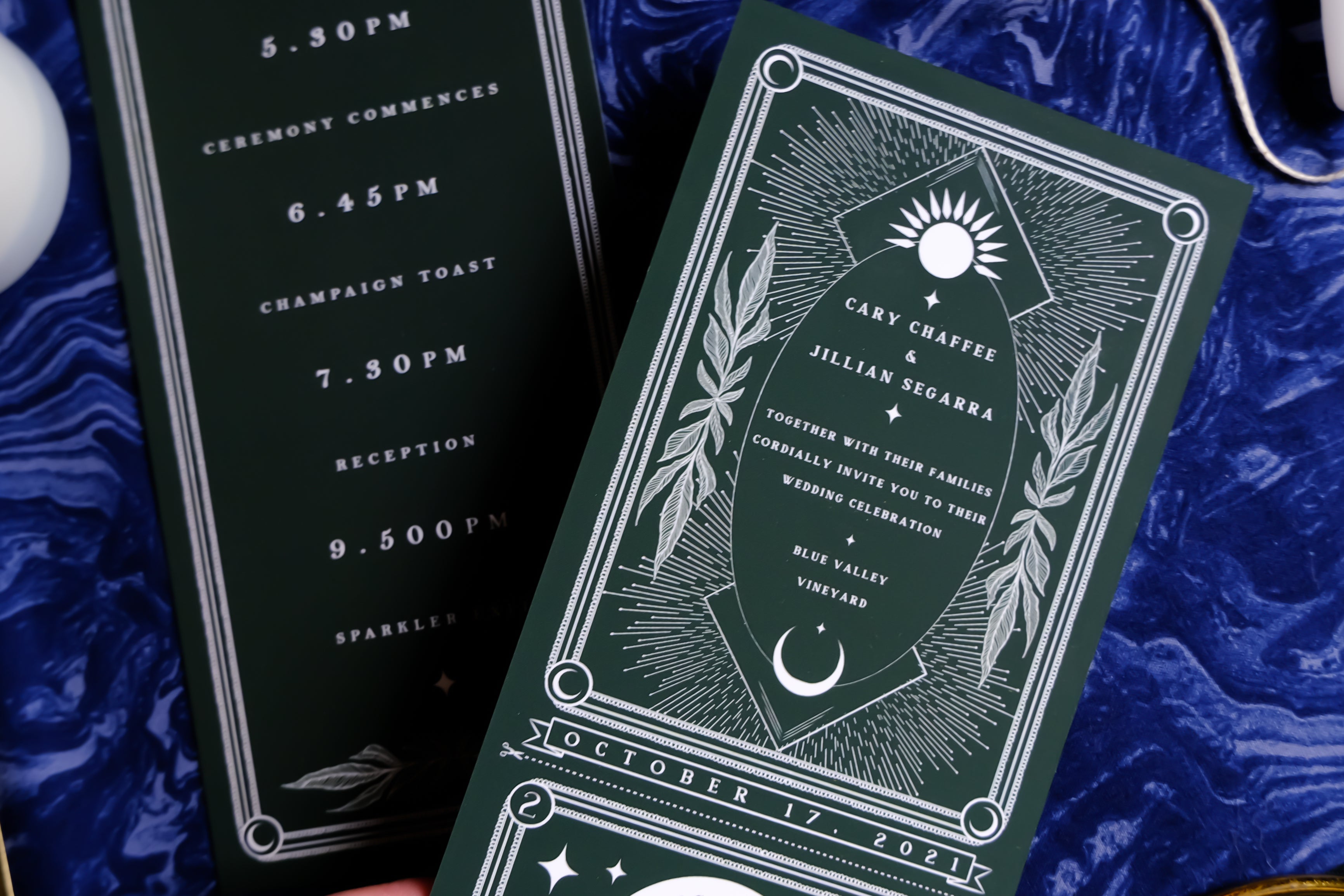 'Til Death Do Us Part' foiled tarot invitation with RSVP on velvet paper.