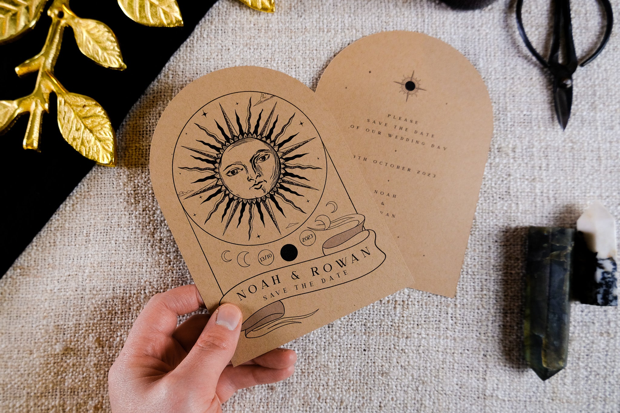 The Sun Tarot Arched Save the Date Card - Boho Celestial Wedding Save the Date on Kraft Brown Paper