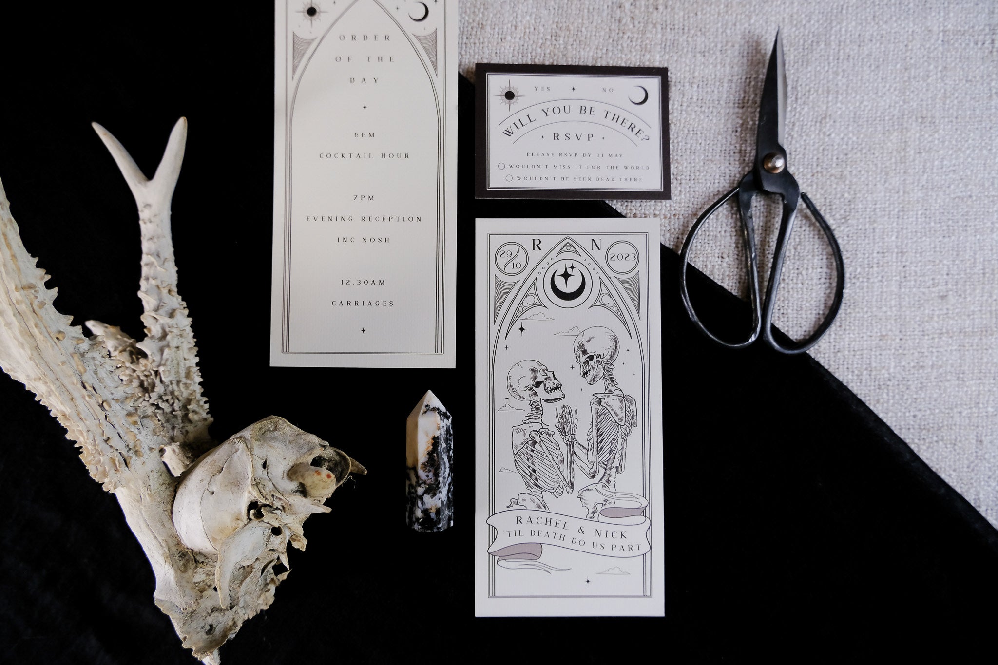 'Til Death Do Us Part' Lovers Tarot Card 3 Piece Invitation Suite featuring skeleton design and RSVP card, with scissors and decorative elements.