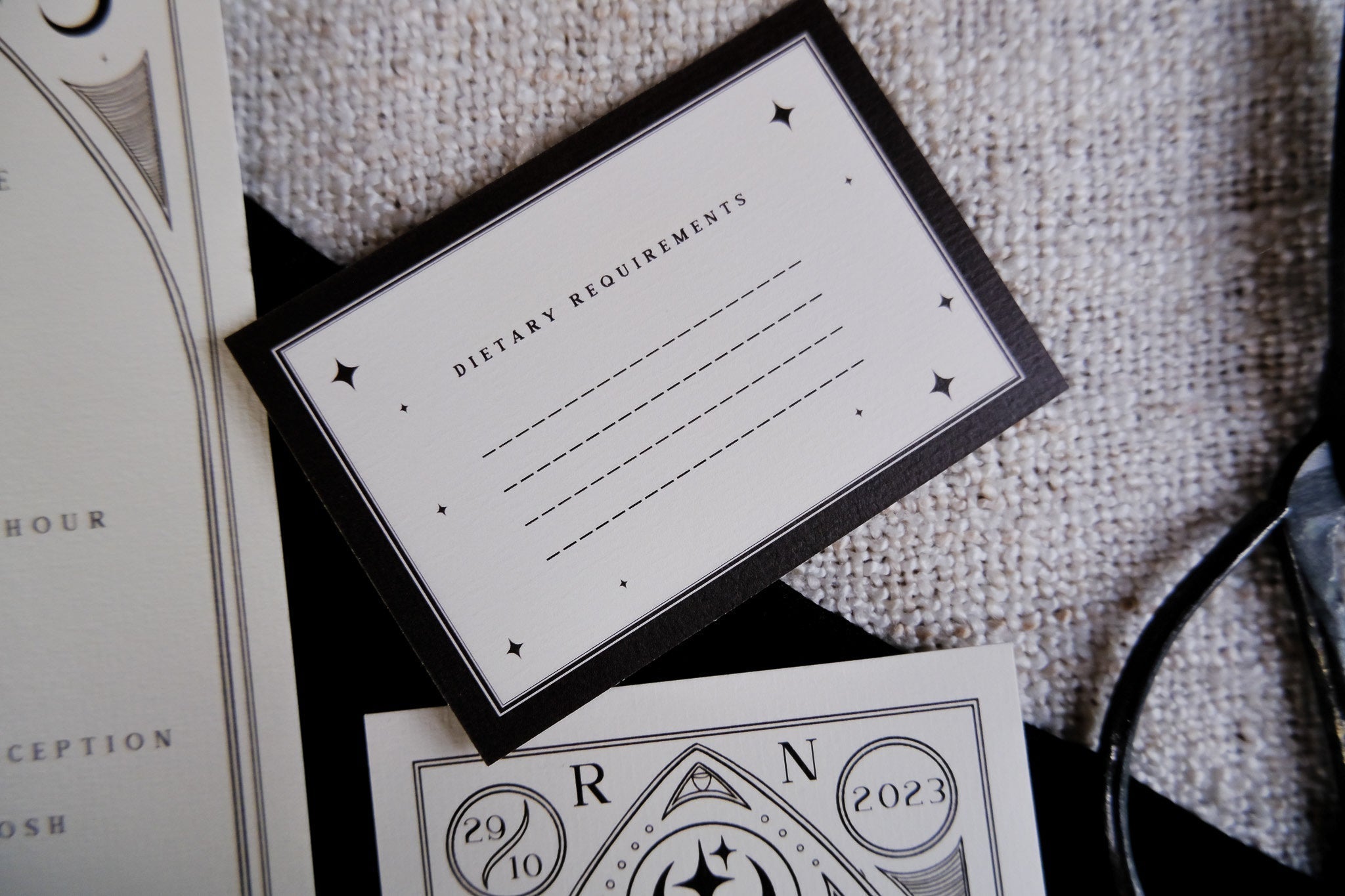 'Til Death Do Us Part' Lovers Tarot Card 3 Piece Invitation Suite with RSVP and dietary requirements card on high-quality matte paper.