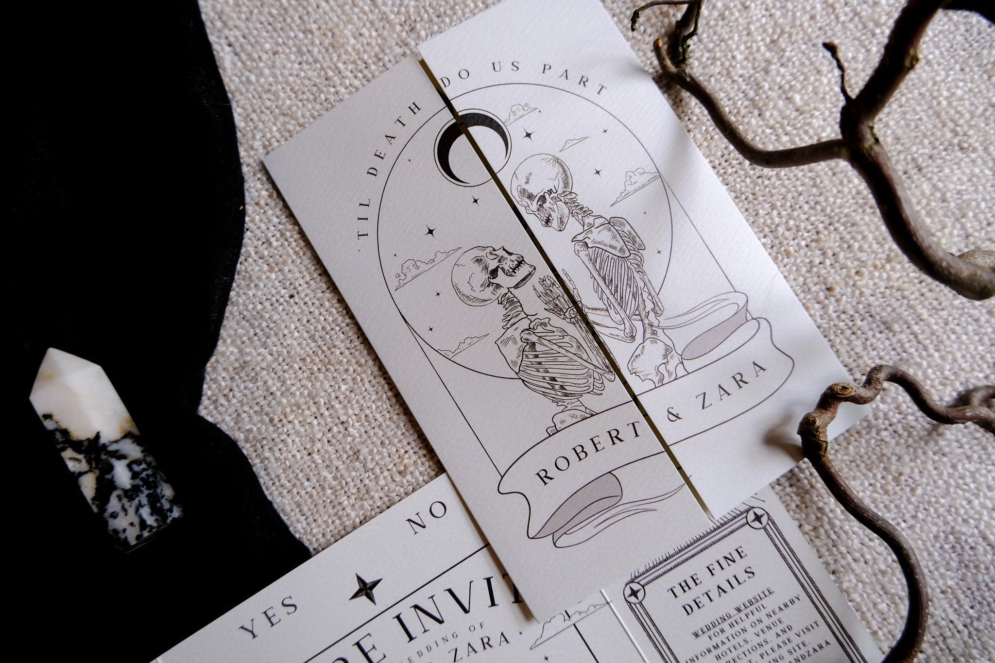 Skeleton lovers wedding invitation card with gatefold design and bleeding heart theme.