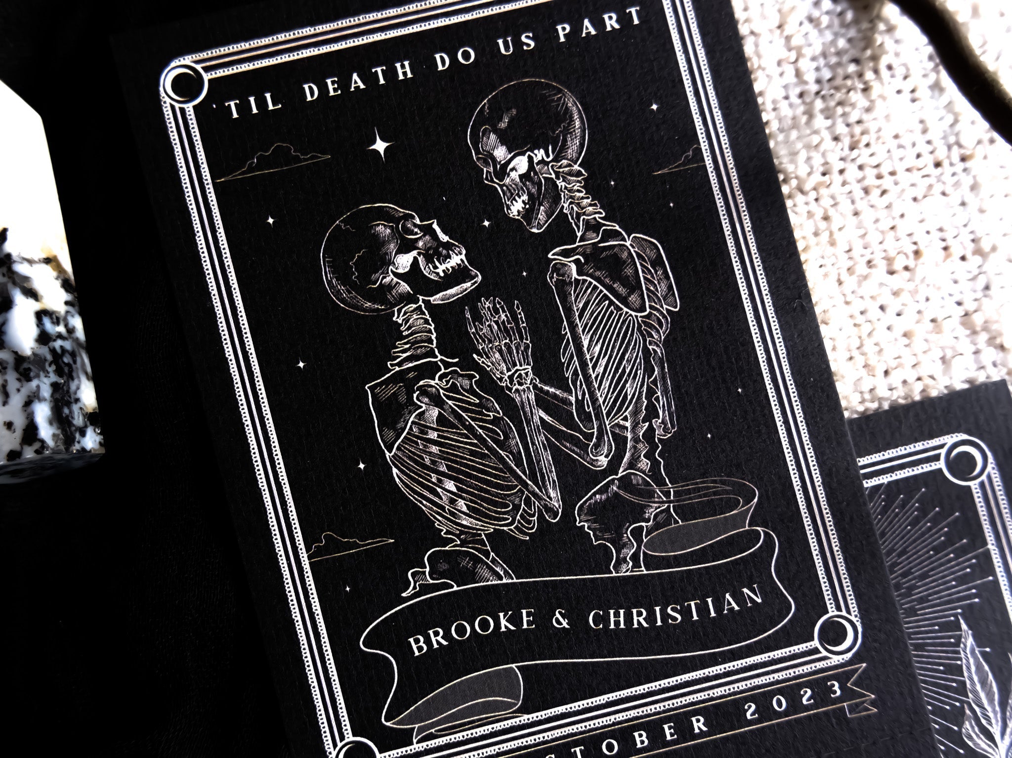 'Til Death Do Us Part' Lovers Tarot Invitation with RSVP, featuring skeleton design with personalization option, printed on 280 GSM Matte Card.