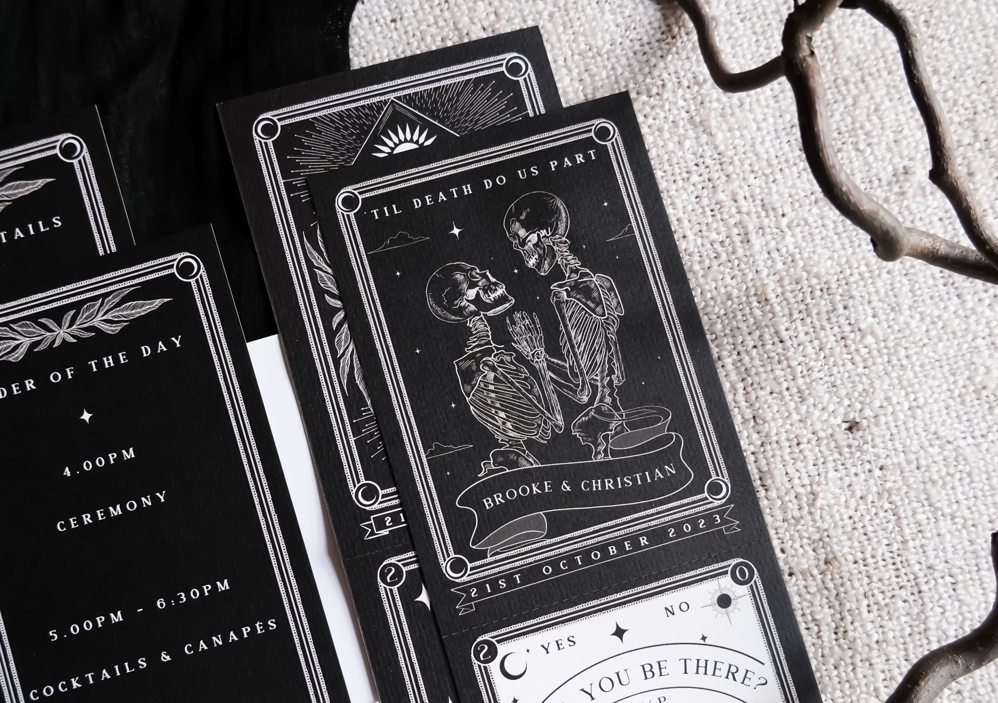 'Til Death Do Us Part' Lovers Tarot Invitation with RSVP cards and skeleton design.