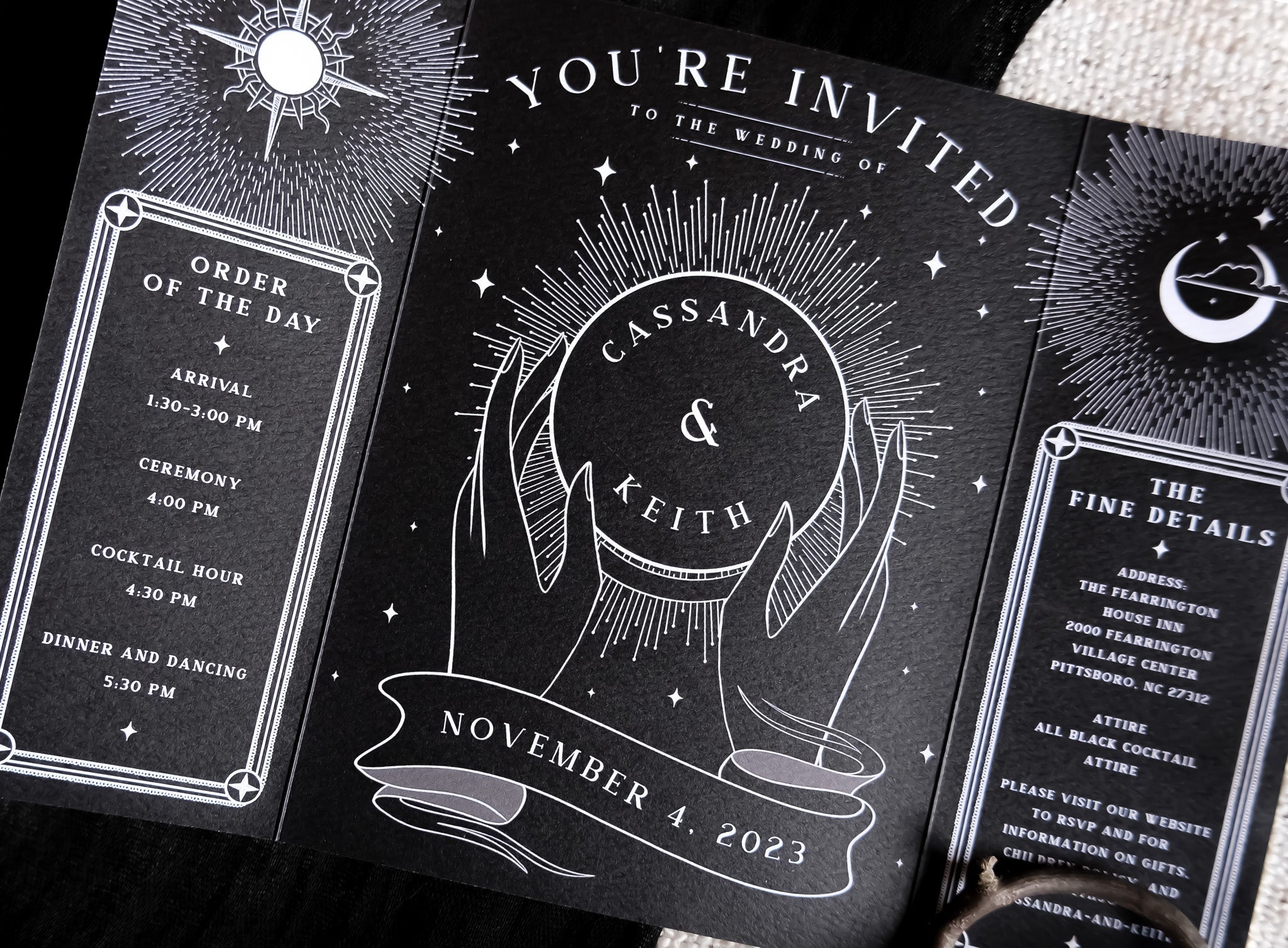 'Lovers Tarot Card' gatefold wedding invitation with celestial design, customizable colors, and white envelopes.