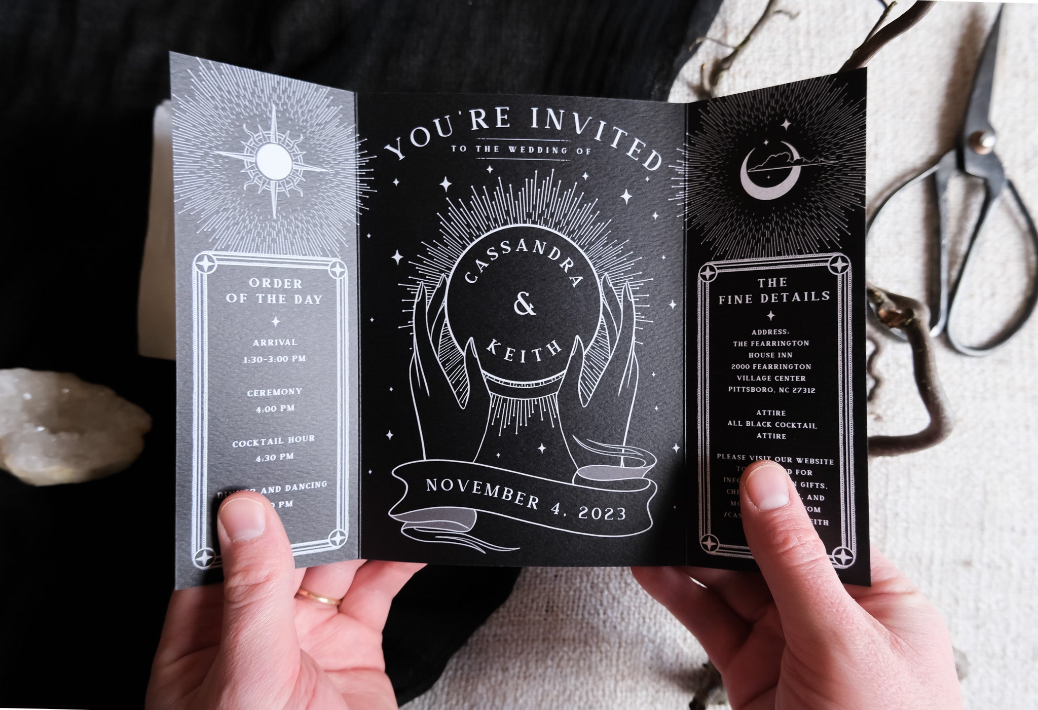 Lovers Tarot Card Gatefold Wedding Invitation with customizable colors, white envelopes, and matte textured card design.