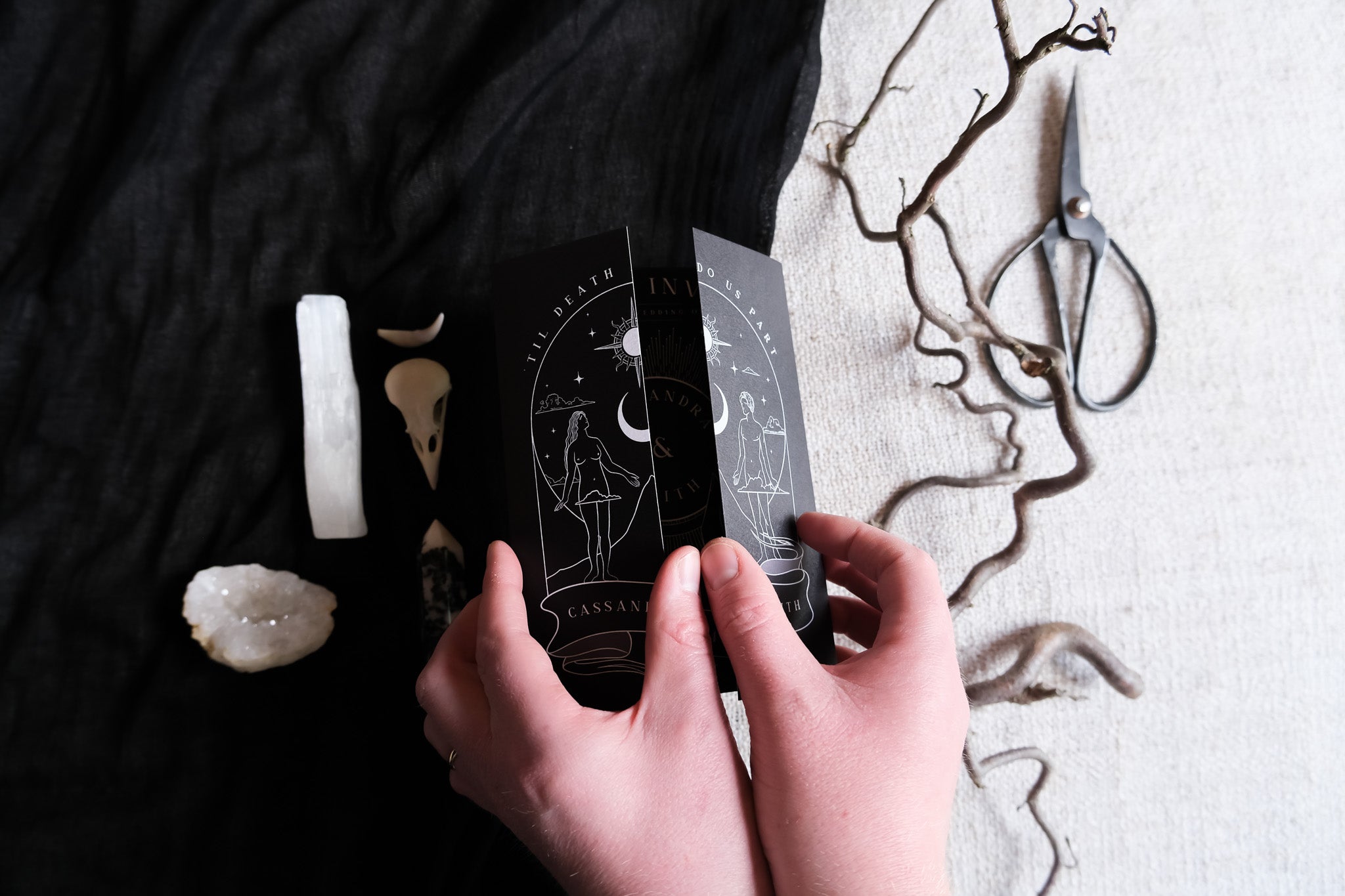 Lovers Tarot Card gatefold wedding invitation with black design and celestial imagery.