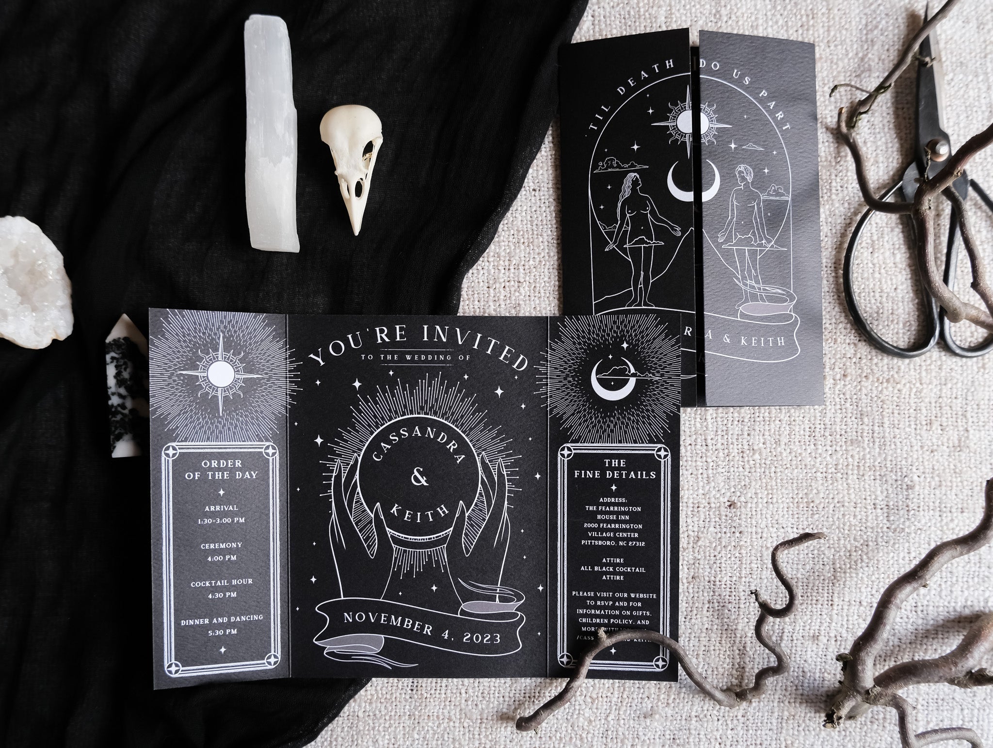 Lovers Tarot Card Gatefold Wedding Invitation with black and white design, includes envelopes and details on 250 GSM matte card.