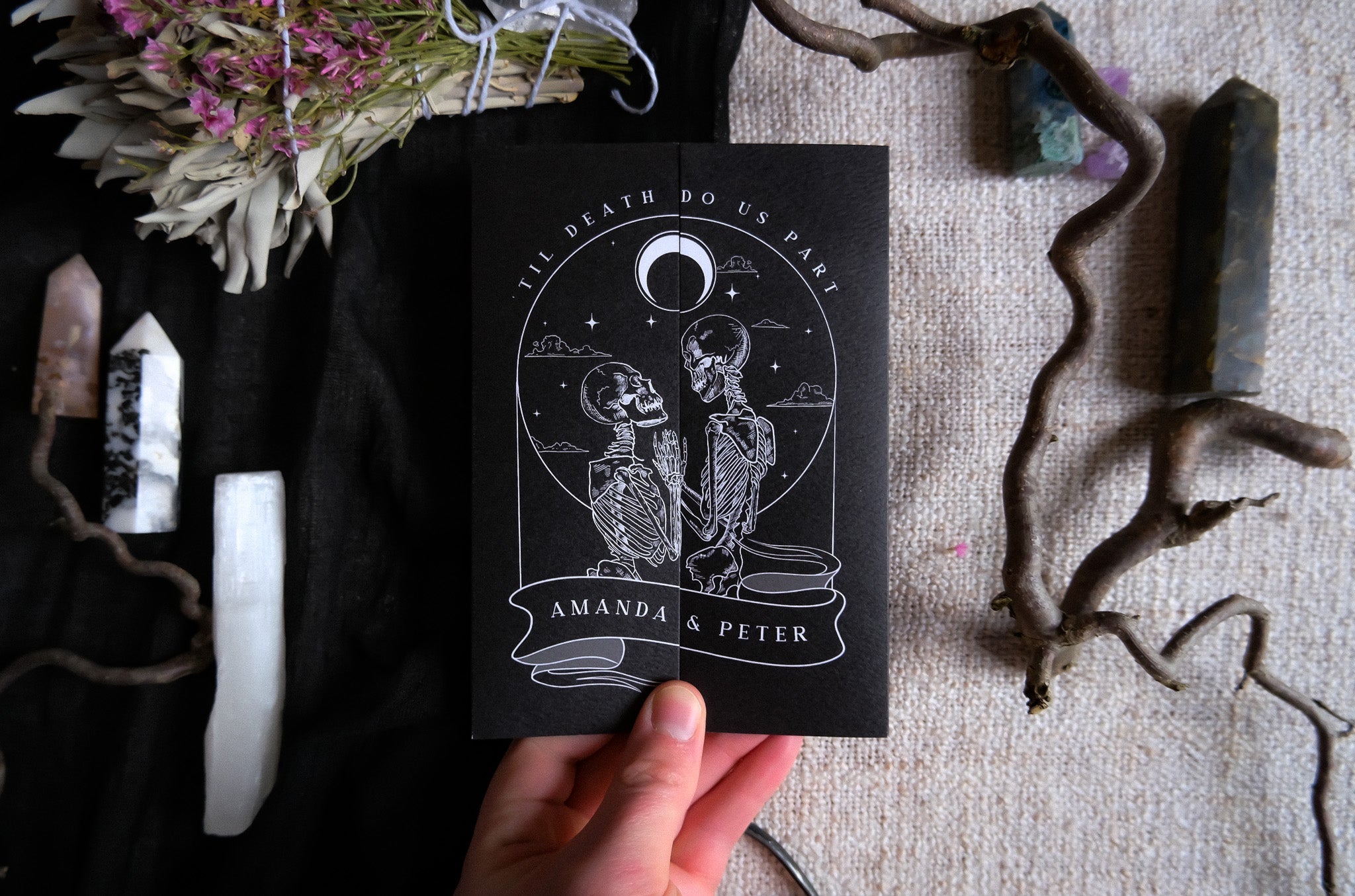 Skeleton Lovers 'Til Death Do Us Part Gatefold Wedding Invitation with personalized photo; white envelope; 250 GSM matte textured card.