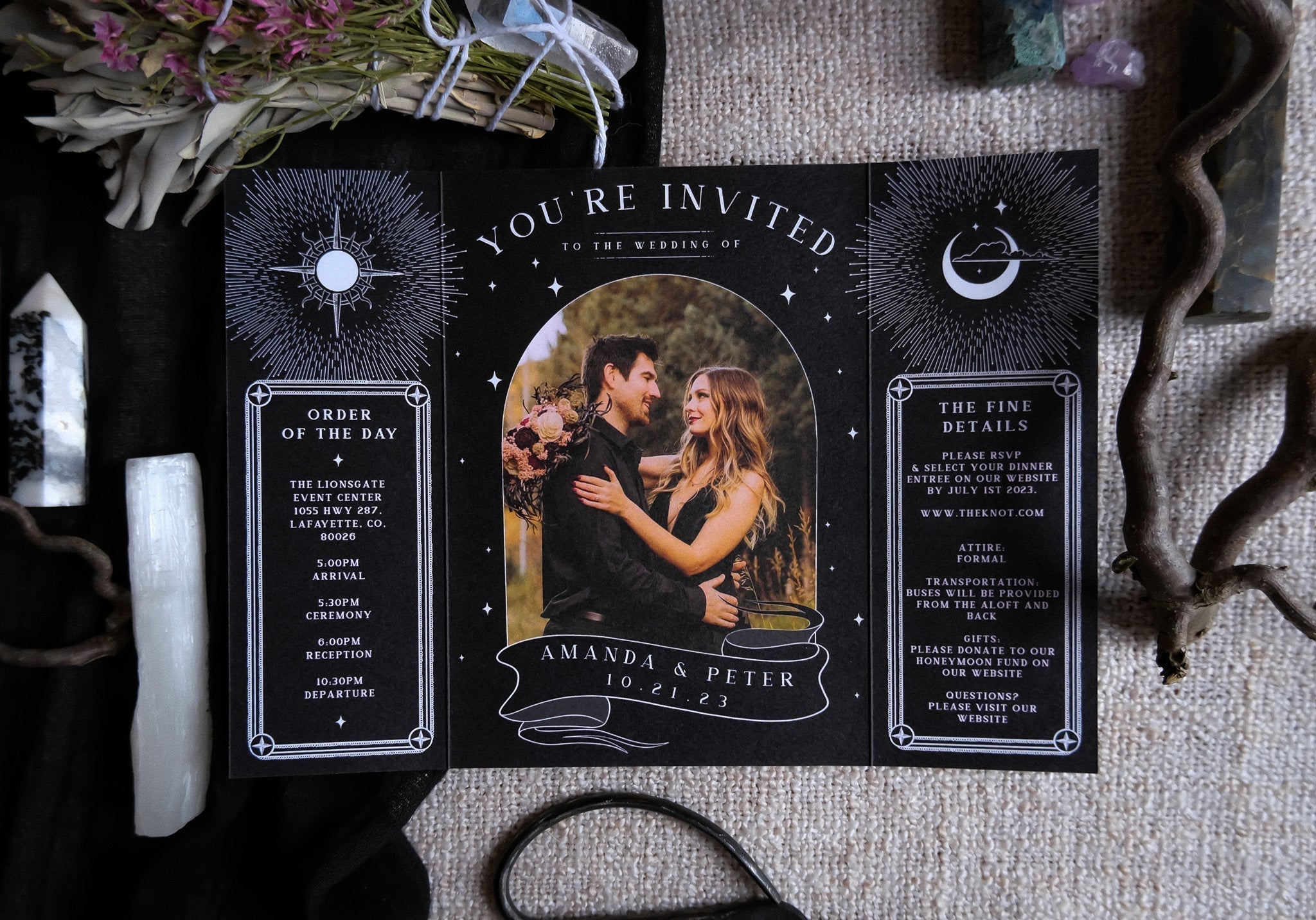 Skeleton Lovers 'Til Death Do Us Part Gatefold' wedding invitation with personalized photo and white envelopes.