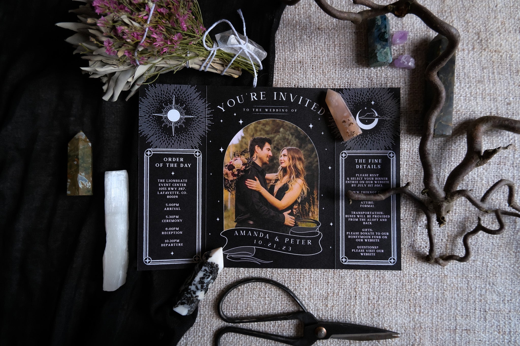 Skeleton Lovers 'Til Death Do Us Part Gatefold Wedding Invitation with personalized photo and white envelopes.