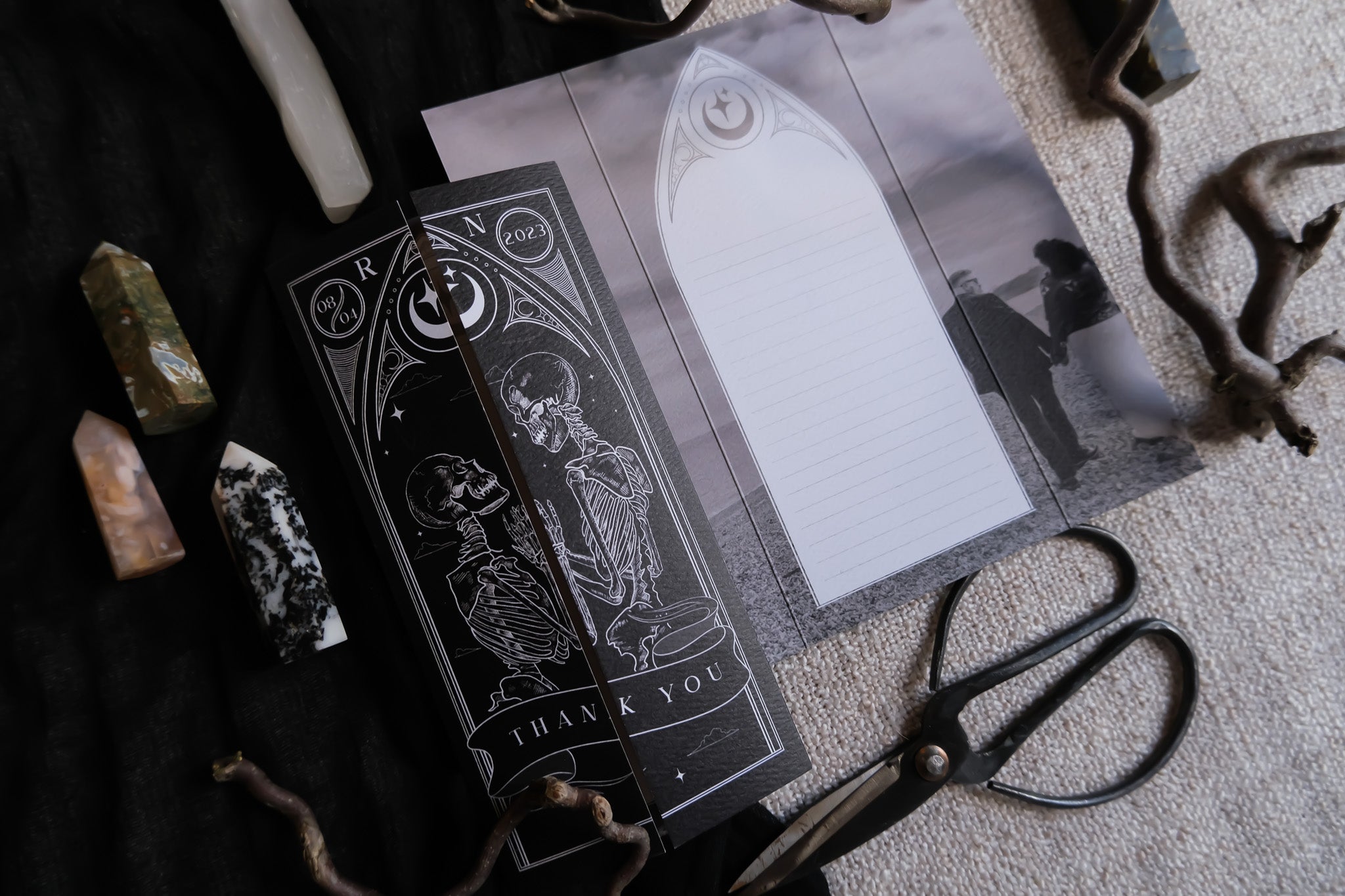 'Til Death Do Us Part' Thank You Wedding Cards with skeleton design and customizable photo background, featuring white envelopes and matte textured finish.