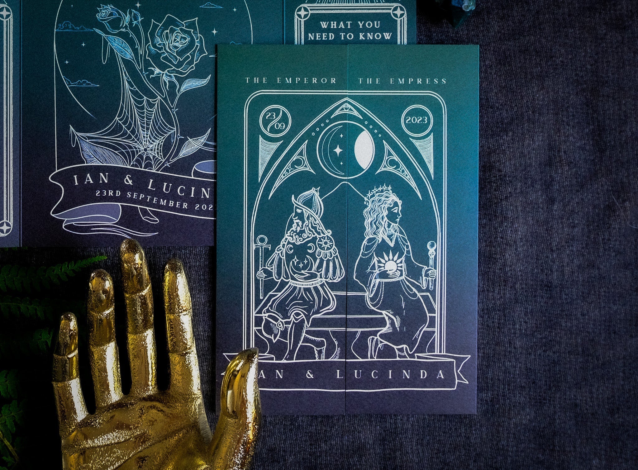 'Empress & Emperor' Tarot Style Gatefold Wedding Invitation with intricate design and customizable colors.
